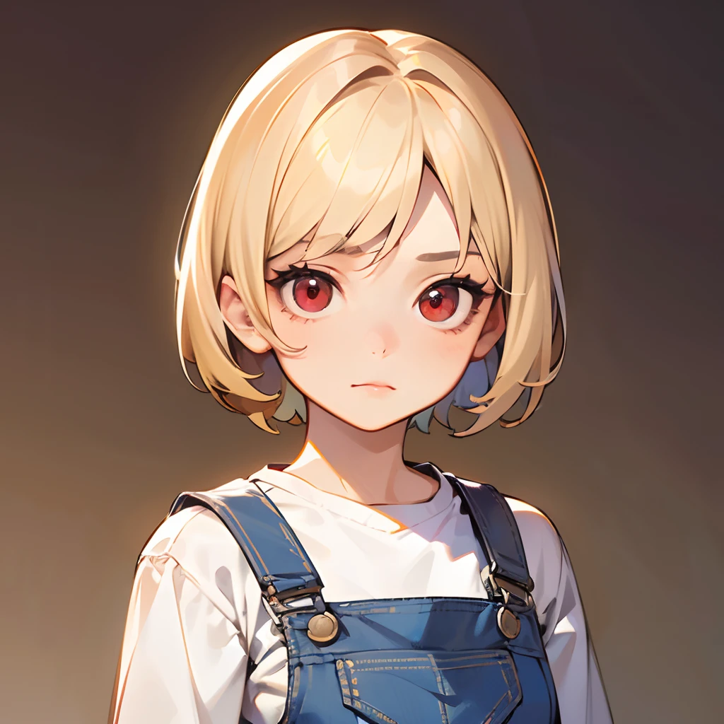 1littlegirl, short blonde hair, red eyes, dungarees, bored expression, solo, best quality, masterpiece, portrait, simple background, looking at the camera, from the front, 1result, vibrant, detailed, perfect ???????, detailed art, high definition, 4k, high resolution