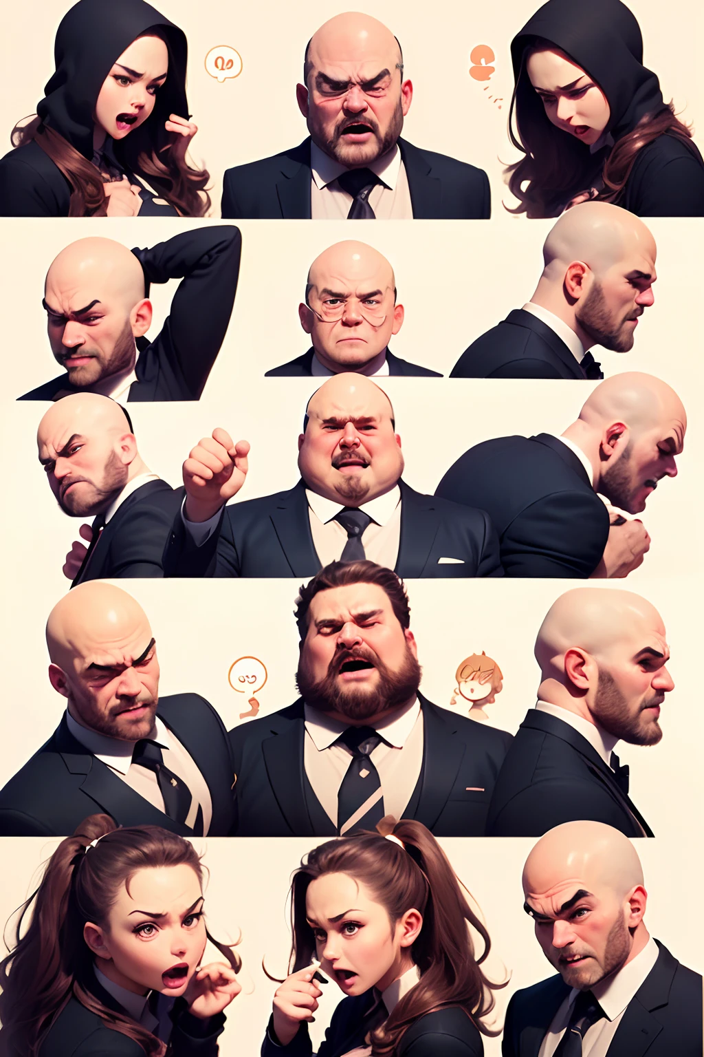 (Office boss, anime style character, Emoji pack), (fat bald man, wearing suit:1.3)，(emoji design sheet)，Align arrangement, poses and expressions, (upper body),（Black strokes, Different emotions, various facial expressions), (multiple expressions of the same character:1.6)，(masterpiece, best quality, highly detailed, high-resolution illustration:1.2), (sad, happy, having fun, exhausted, big laugh, Angry, doubt, cute, wait, hurry）