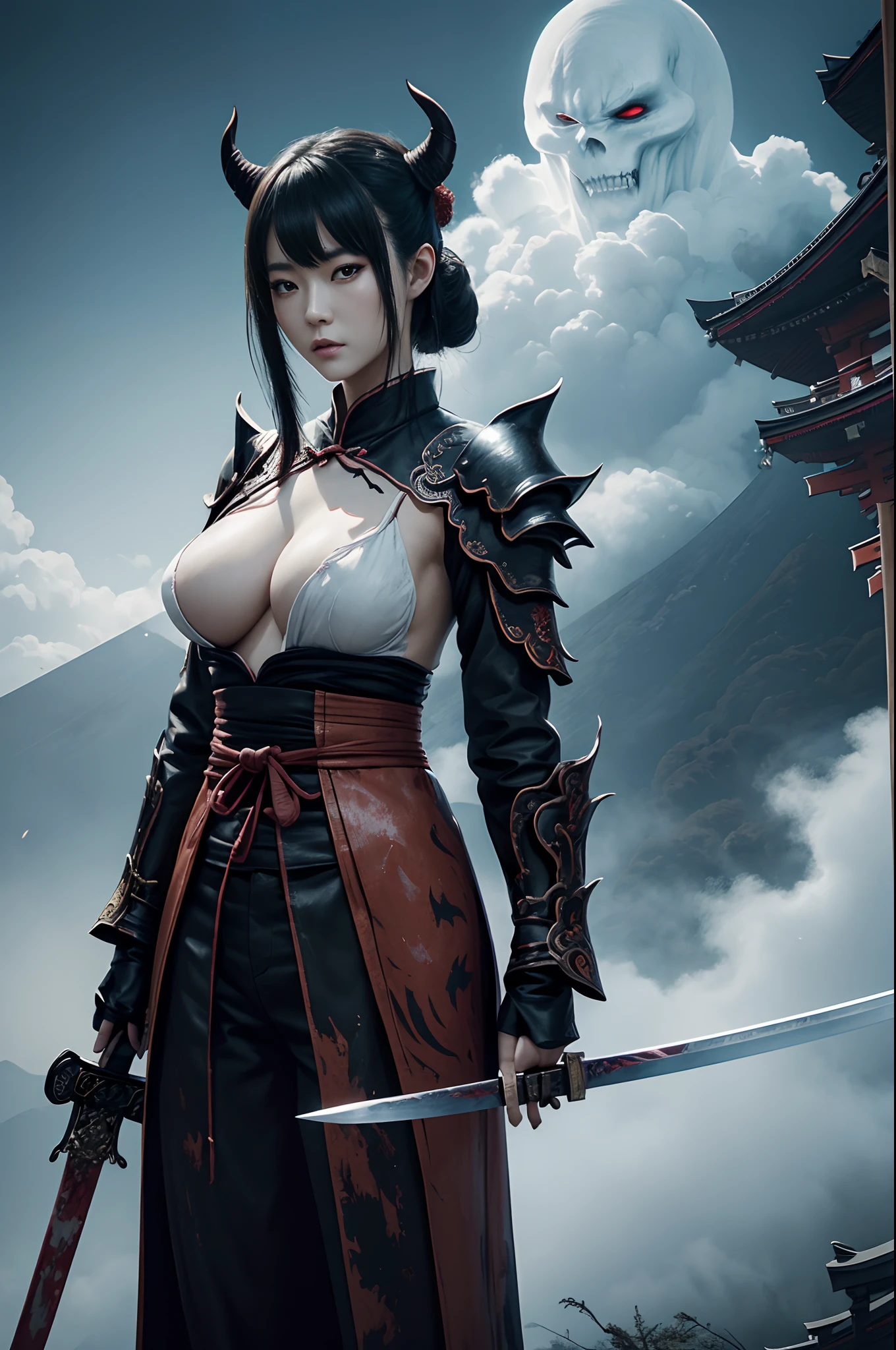 (Female ghost attendant)、Demon Face,Solo Adult Demon Woman、Like the whole body、(Armed with a large Japan sword)、Mature breast big female demon.Stand facing the front,magnificent artwork、((Kyoto Panel Painting Style))、Wind-effect:1.9、Cloud Effects:1.2、Full Rendering、Encaustic Painting,unrealengine,