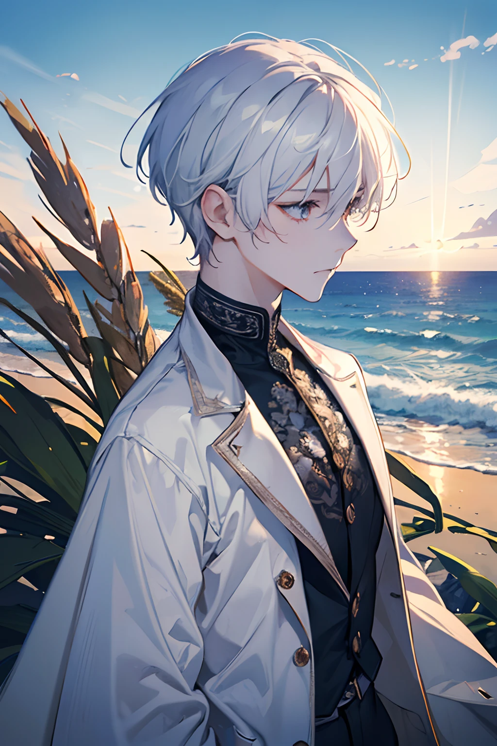 (extremely detailed and high-quality illustration),(best lighting and shadow effects, ultra-realistic), beach, young man with a wheat skin tone and short light white hair, looking out at the ocean with a pensive expression,muscle