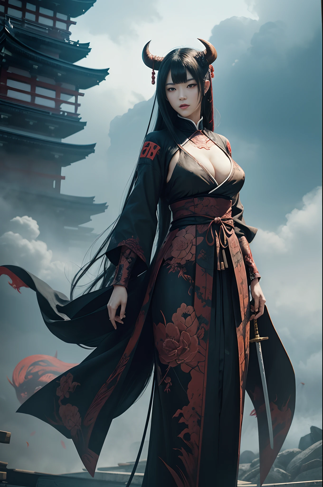 (Female ghost attendant)、Demon Face,Solo Adult Demon Woman、Like the whole body、(Armed with a large Japan sword)、Mature breast big female demon.Stand facing the front,magnificent artwork、((Kyoto Panel Painting Style))、Wind-effect:1.9、Cloud Effects:1.2、Full Rendering、Encaustic Painting,unrealengine,