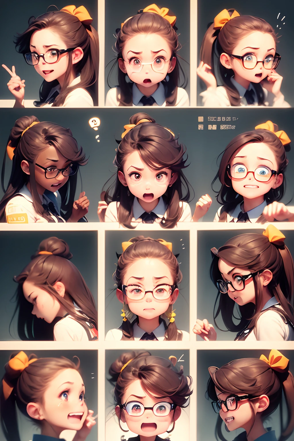 (Office worker, anime style character, Emoji pack), (glasses girl:1.3)，(emoji design sheet)，Align arrangement, poses and expressions, (upper body),（Black strokes, Different emotions, various facial expressions), (multiple expressions of the same character:1.6)，(masterpiece, best quality, highly detailed, high-resolution illustration:1.2), (sad, happy, having fun, exhausted, big laugh, Angry, doubt, cute, wait, hurry）