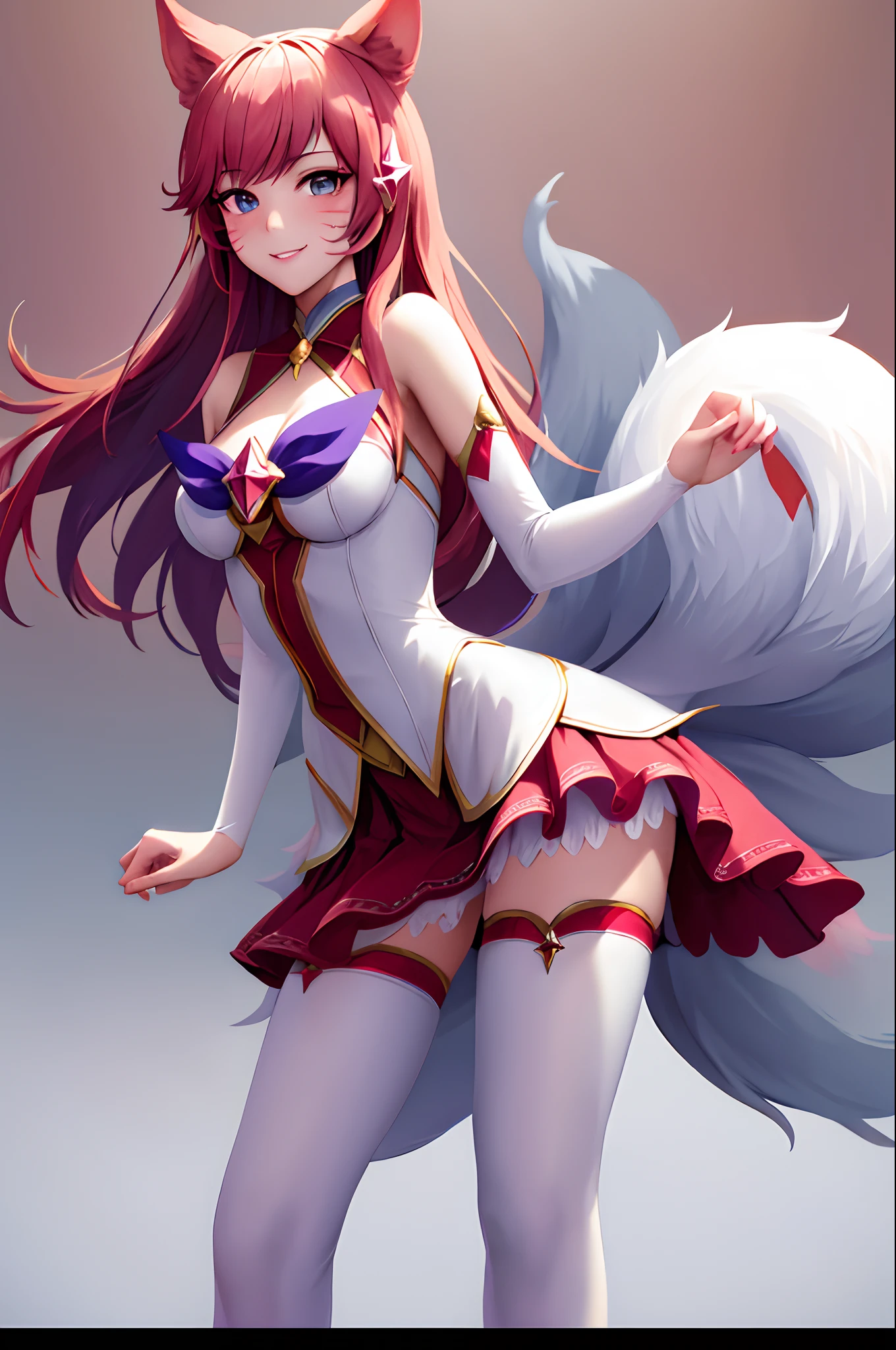 masterpiece, best quality, highres, ah3, facial mark, multiple tails, fox tail, magical girl, white lingerie, sexy, white thighhighs, medium breasts, smile, cowboy shot, standing, leaning forward,