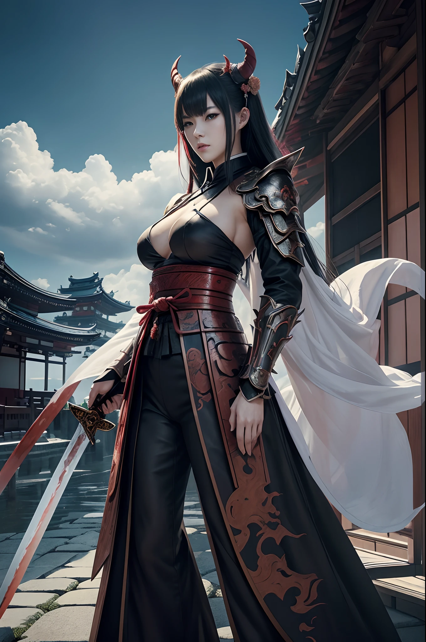 (Female ghost attendant)、demon mask,Super beauty,Solo Adult Demon Woman、Like the whole body、(Armed with a large Japan sword)、Mature breast big female demon.Stand facing the front,Demon Armor,magnificent artwork、((Kyoto Panel Painting Style))、Wind-effect:1.9、Cloud Effects:1.2、Full Rendering、Encaustic Painting,unrealengine,