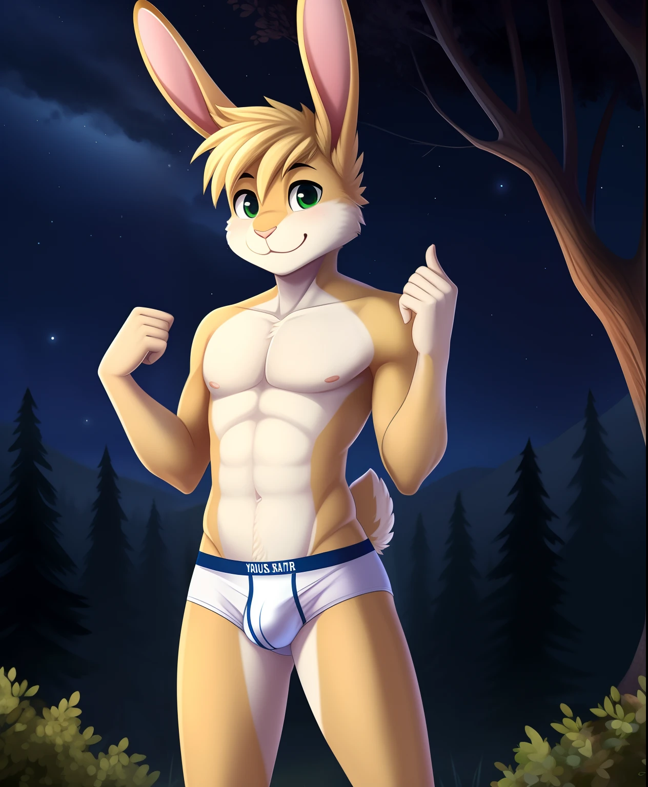 Male blonde anthro rabbit in his white underwear, y fronts, at the forest in the night sky