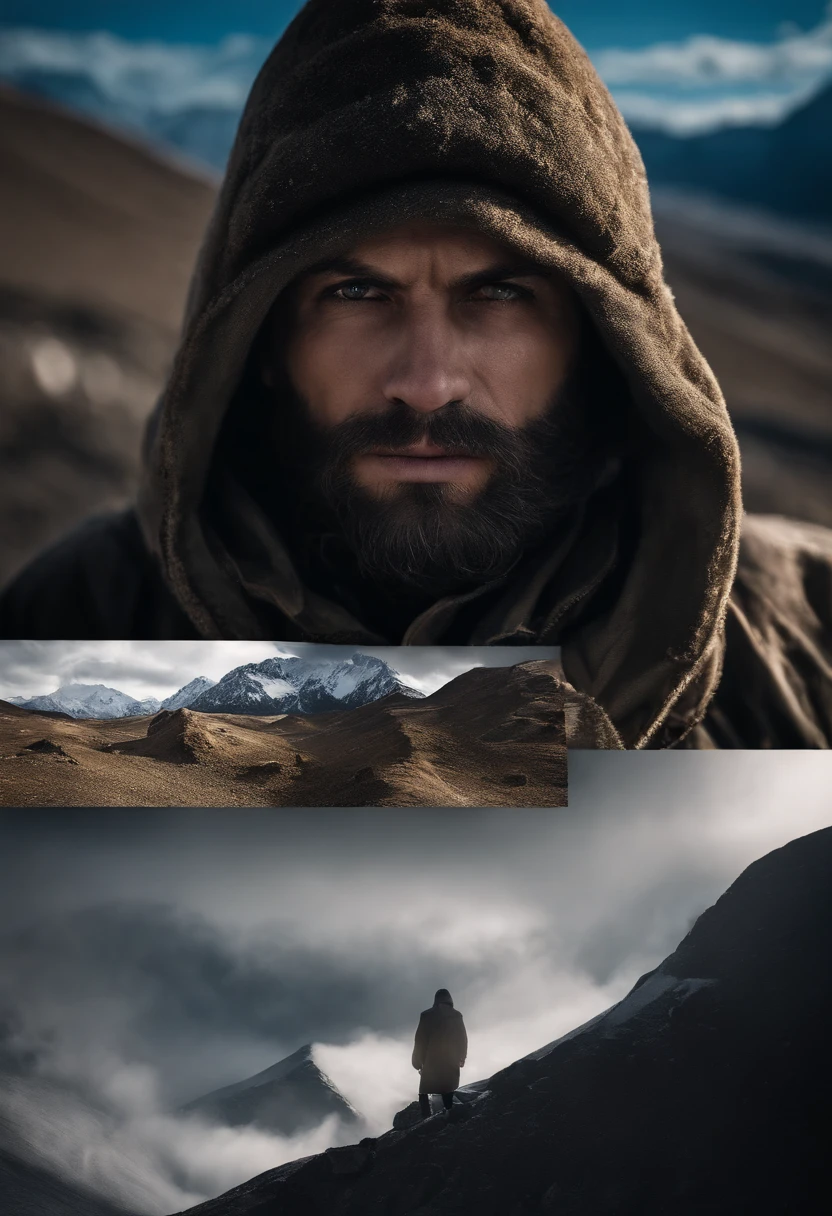 Drone photographs stunning snow-capped mountain tops，k hd，Blue sky highres:1.2,realistic)Chechen Shepard covered face, mountain,portrait,dark atmosphere,dramatic lighting,rough texture,ominous sky,militant,fierce expression,shadowy figures,camouflage clothing,piercing eyes,tense atmosphere,mysterious,decorative headgear,gritty details,harsh environment,remote location,minimalistic background,strong contrast,strong shadows,warrior,hidden identity,loneliness,survival instincts,impending danger,exotic landscape,untamed wilderness,controlled aggression,determined stance,seriousness,rough terrain,stealth,unyielding spirit,unpredictable nature,sharp focus