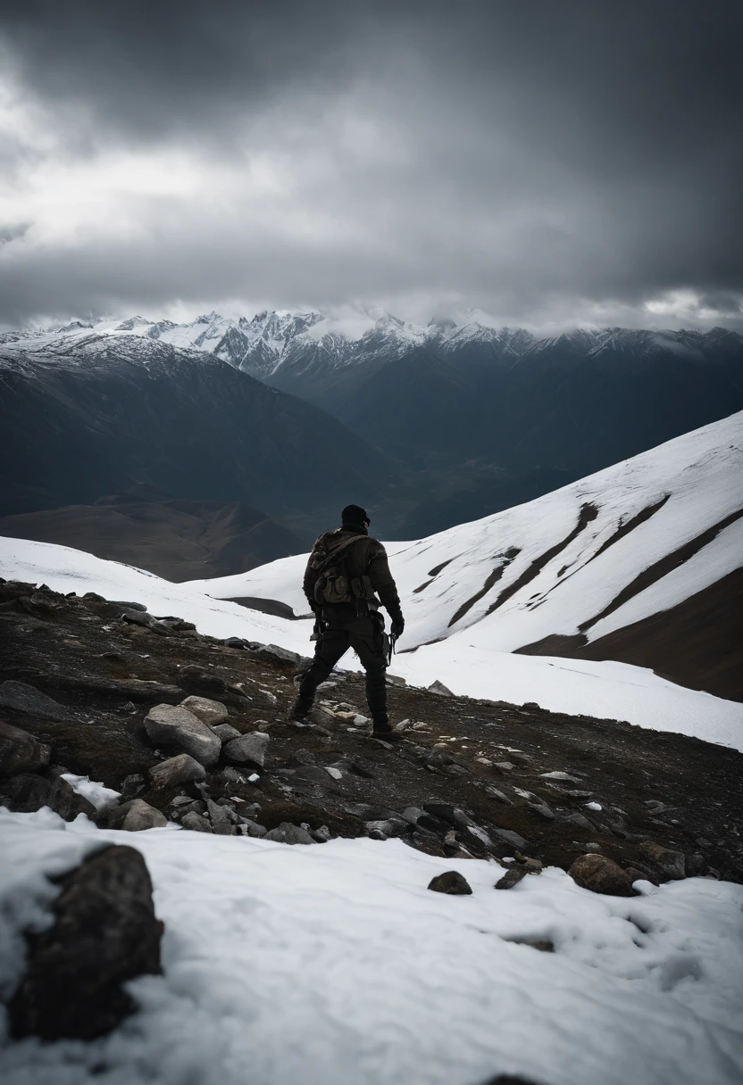 Drone photographs stunning snow-capped mountain tops,k hd,Blue sky highres:1.2,realistic)Chechen Shepard covered face, mountain,portrait,dark atmosphere,dramatic lighting,rough texture,ominous sky,militant,fierce expression,shadowy figures,camouflage clothing,piercing eyes,tense atmosphere,mysterious,decorative headgear,gritty details,harsh environment,remote location,minimalistic background,strong contrast,strong shadows,warrior,hidden identity,loneliness,survival instincts,impending danger,exotic landscape,untamed wilderness,controlled aggression,determined stance,seriousness,rough terrain,stealth,unyielding spirit,unpredictable nature,sharp focus