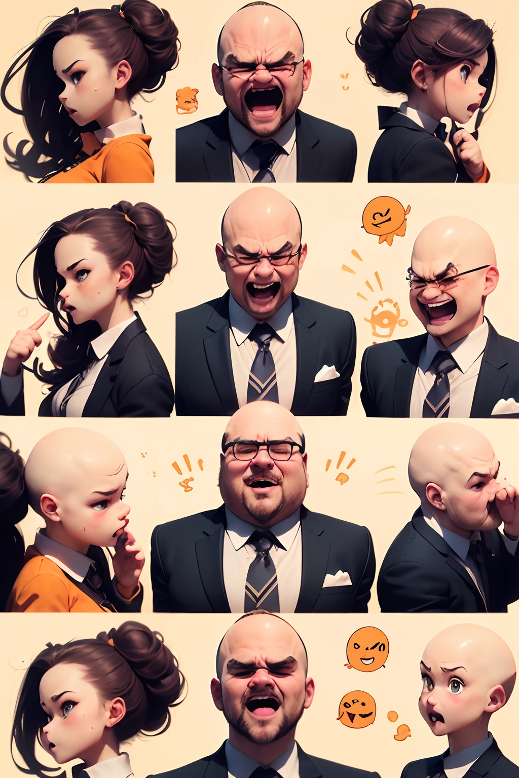 (Office boss, anime style character, Emoji pack), (fat bald man, wearing suit:1.3)，(emoji design sheet)，Align arrangement, poses and expressions, (upper body),（Black strokes, Different emotions, various facial expressions), (multiple expressions of the same character:1.6)，(masterpiece, best quality, highly detailed, high-resolution illustration:1.2), (sad, happy, having fun, exhausted, big laugh, Angry, doubt, cute, wait, hurry）