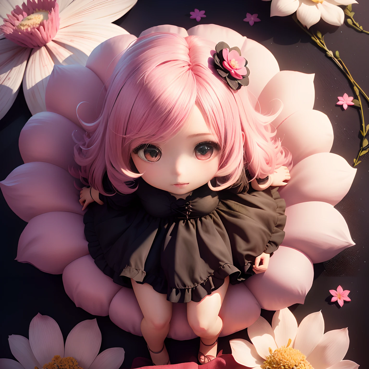 There is a doll sitting on a flower-shaped cushion with flowers around it, render de uma menina anime 3d bonito, anime estilo 3d, bonito 3 d render, menina pequena Loli, Loli, menina bonito com cabelo rosa curto, kawaii retrato realista, arte digital detalhada bonito, anime estilizado, anime altamente detalhado