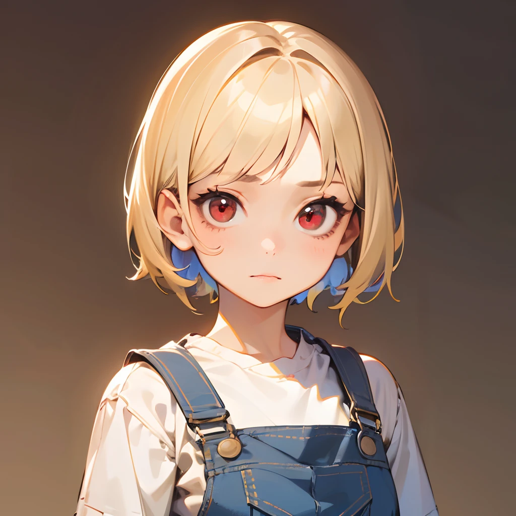 1littlegirl, short blonde hair, red eyes, dungarees, bored expression, solo, best quality, masterpiece, portrait, simple background, looking at the camera, from the front, 1result, vibrant, detailed, perfect anatomy, detailed art, high definition, 4k, high resolution