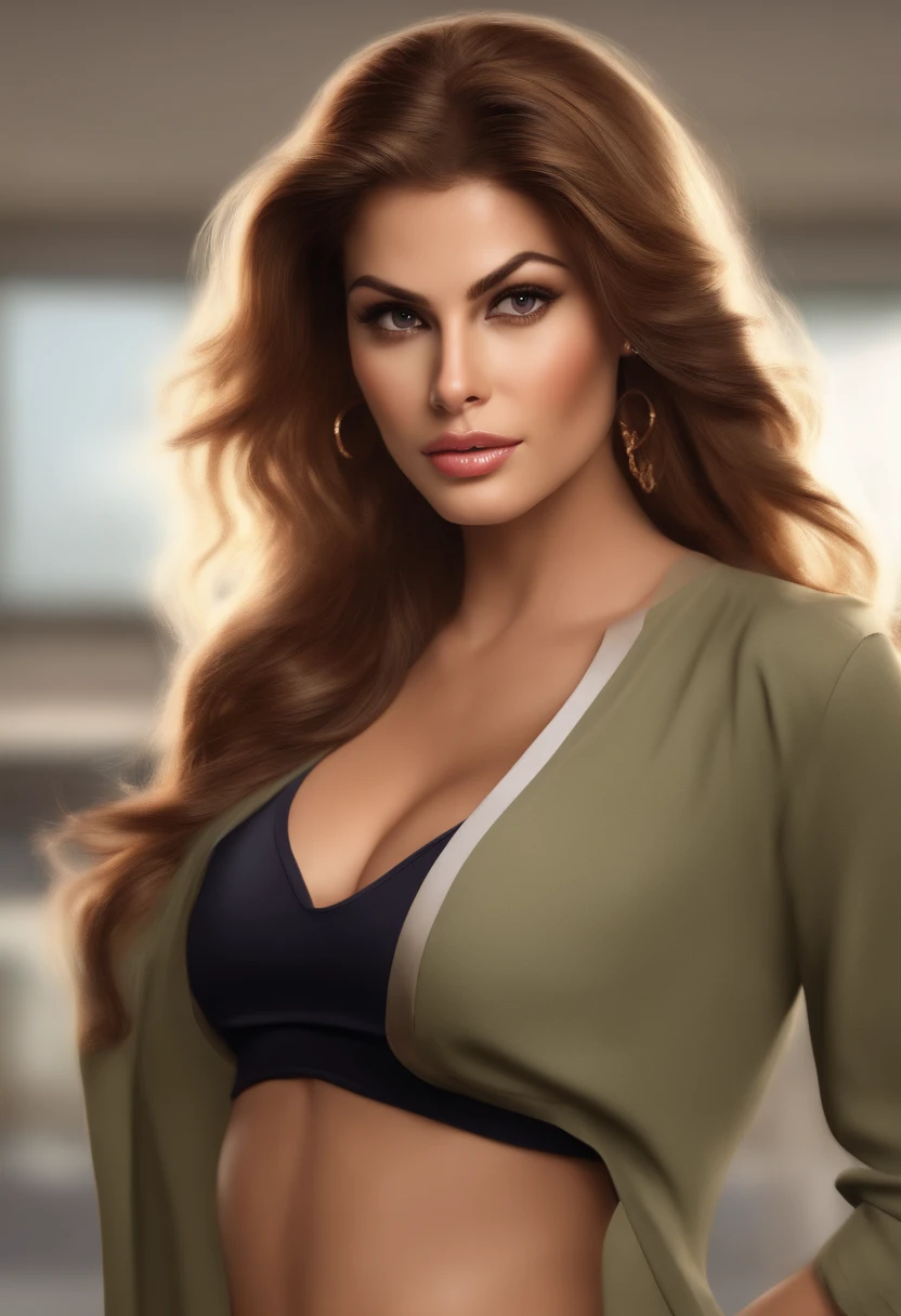 Eva Mendes with 23 years(, incredibly long brown hair in a messy bun, ultra-detailed, CG, unit, wallpaper 8k), (masterpiece), (realistic), (photorealistic: 1.2), (raw photo: 1.2), (best quality: 1.2), (detailed face: 1.4), (beautiful detailed eyes: 1.2), (detailed hair), light on face, huge file size, cinematic lighting, 1 girl, sexy, nsfw, eyeliner, posing, student, long hair, brown hair, ((wavy hair)), hair ornament, ((light blush)), ((soft under the eyes)), ((expressionless eyes)), blue eyes, ((large breasts)), fashi-g, red lips, makeup, shirtlift, ((gym clothes)), black knees, high heels, jewelry, earrings, necklace, looking at the viewer, depth of field,