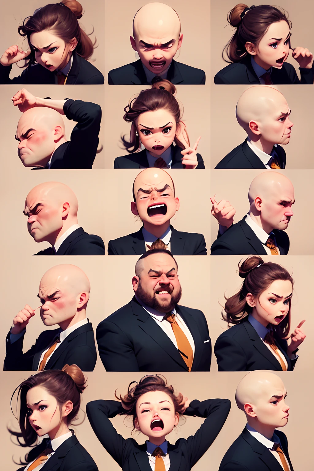 (Office boss, anime style character, Emoji pack), (fat bald man, wearing suit:1.3)，(emoji design sheet)，Align arrangement, poses and expressions, (upper body),（Black strokes, Different emotions, various facial expressions), (multiple expressions of the same character:1.6)，(masterpiece, best quality, highly detailed, high-resolution illustration:1.2), (sad, happy, having fun, exhausted, big laugh, Angry, doubt, cute, wait, hurry）