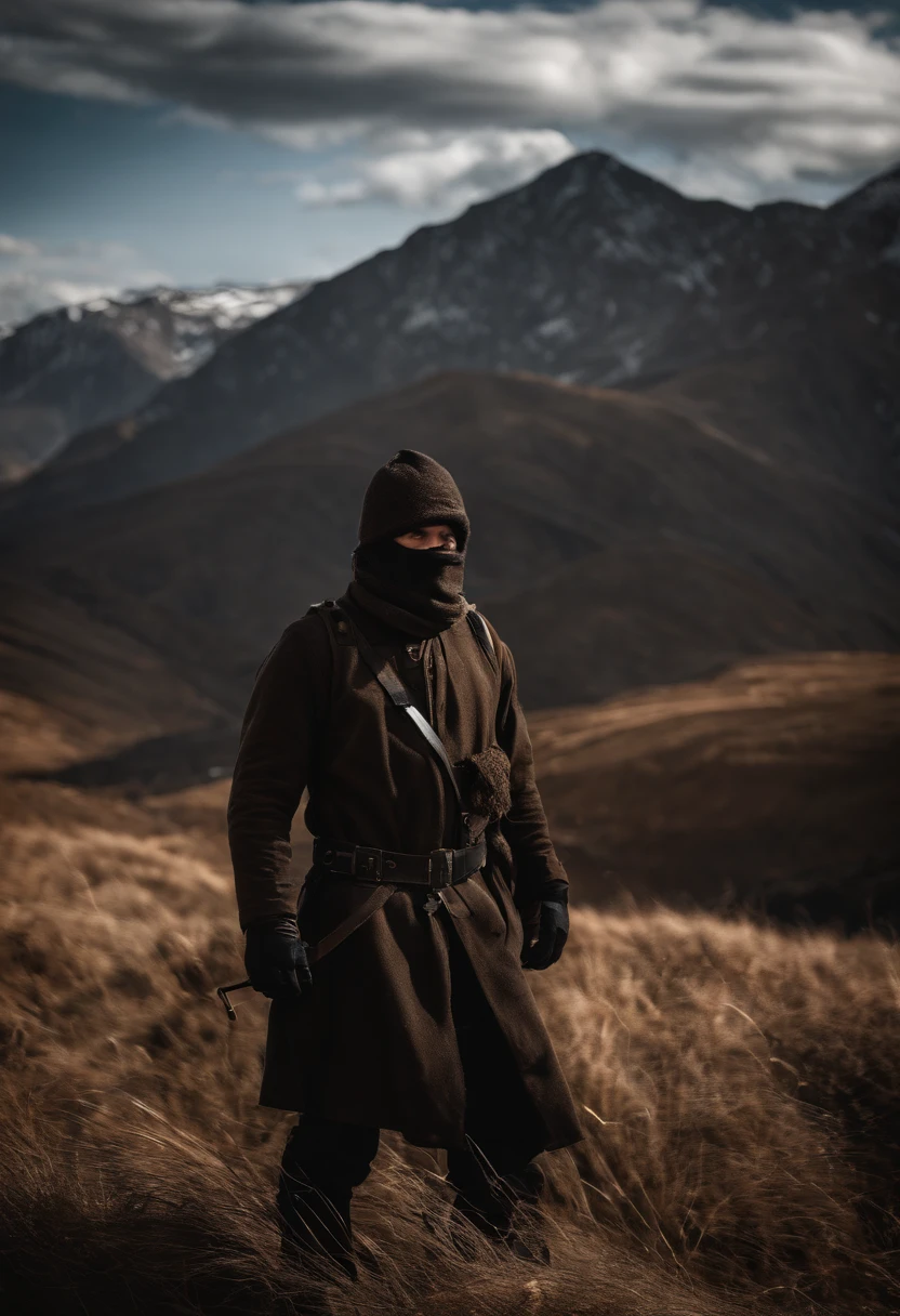 Drone photographs stunning snow-capped mountain tops，k hd，Blue sky highres:1.2,realistic) highres:1.2,realistic)Chechen man covered face, mountain,portrait,dark atmosphere,dramatic lighting,rough texture,ominous sky,militant,fierce expression,shadowy figures,camouflage clothing,piercing eyes,tense atmosphere,mysterious,decorative headgear,gritty details,harsh environment,remote location,minimalistic background,strong contrast,strong shadows,warrior,hidden identity,loneliness,survival instincts,impending danger,exotic landscape,untamed wilderness,controlled aggression,determined stance,seriousness,rough terrain,stealth,unyielding spirit,unpredictable nature,sharp focus