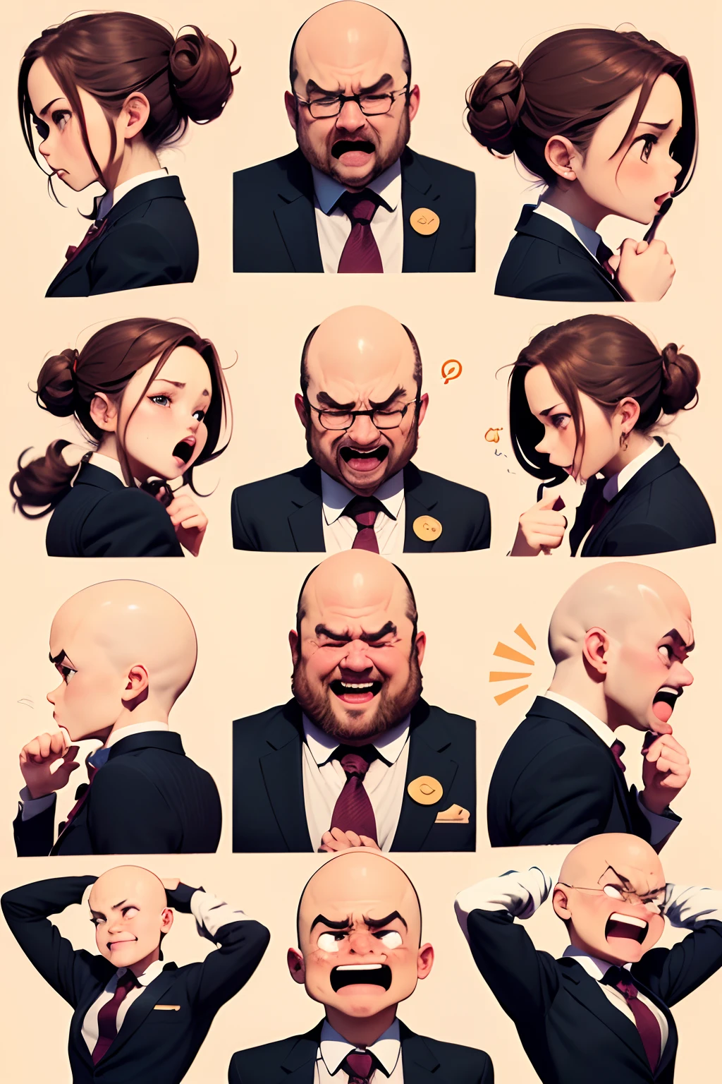 (Office boss, anime style character, Emoji pack), (fat bald man, wearing suit:1.3)，(emoji design sheet)，Align arrangement, poses and expressions, (upper body),（Black strokes, Different emotions, various facial expressions), (multiple expressions of the same character:1.6)，(masterpiece, best quality, highly detailed, high-resolution illustration:1.2), (sad, happy, having fun, exhausted, big laugh, Angry, doubt, cute, wait, hurry）