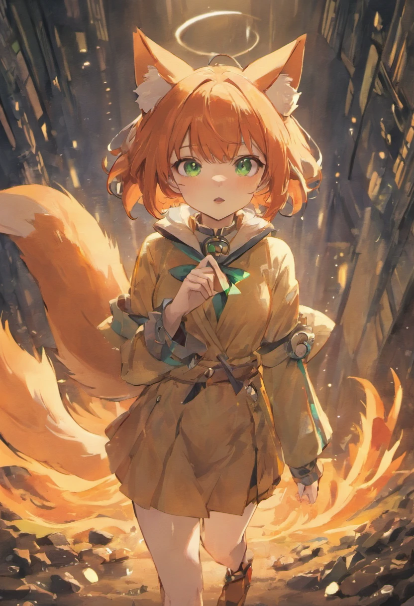 1girl animal ear fluff fox ears fox tail medium short hair red hair crossed bangs green eye purple eye eyelashes jumpsuit breasts out kumiho korean clothes Long sleeve long skirt Heterochromia