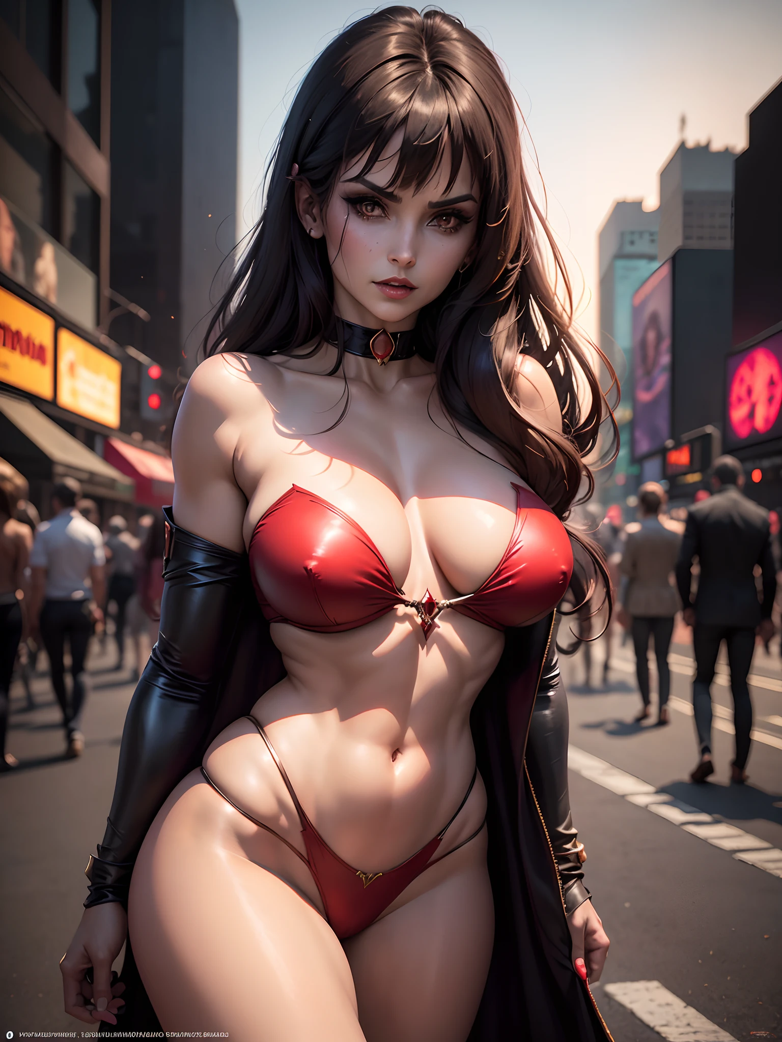 In New York, Time Square, Vampirella is a fictional vampire superheroine created by Americans Forrest J Ackerman and Trina Robbins, in the horror comic magazine, perfect face beautiful, Vampirella coming from the planet Drakulon, a world where blood flowed like water and where the natives, called Vampiri, shared traditionally vampiric characteristics. begins when an American space shuttle crashes into Drakulon. she travels to Earth where she begins hunting dark remnants of her own race. Earth's vampires originate from Dracula, a forgotten member of the Vampiri race who left his home world centuries ago only to be corrupted by the demonic entity known as Chaos.
In New York, time square, (Athletic body: 1.4), (Hanging breasts: 1.3), (Full breasts: 1.4), (Realism: 1.5), (Realisitc: 1.4), (Absurdity: 1.4), 8k, Ultra detailed, Beautiful woman detailed, (only one: 1.4), 1girl, (Viewer facing: 1.2),