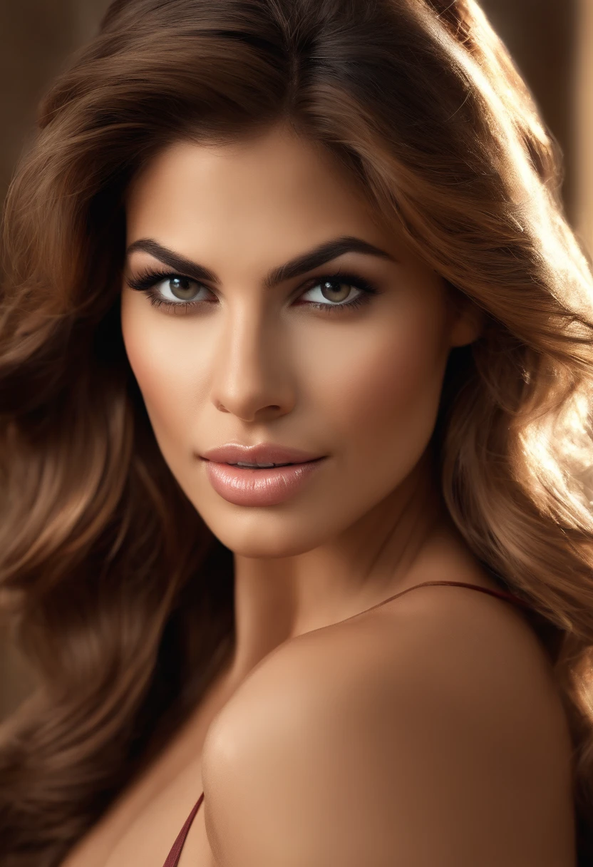 Eva Mendes with 23 years(, incredibly long brown hair in a messy bun, ultra-detailed, CG, unit, wallpaper 8k), (masterpiece), (realistic), (photorealistic: 1.2), (raw photo: 1.2), (best quality: 1.2), (detailed face: 1.4), (beautiful detailed eyes: 1.2), (detailed hair), light on face, huge file size, cinematic lighting, 1 girl, sexy, nsfw, eyeliner, sexy posing, student, long hair, brown hair, ((wavy hair)), hair ornament, ((light blush)), ((soft under the eyes)), ((expressionless eyes)), blue eyes, ((large breasts)), fashi-g, red lips, makeup, shirtlift, ((black crop top)), black knees, high heels, jewelry, earrings, necklace, looking at the viewer, depth of field,