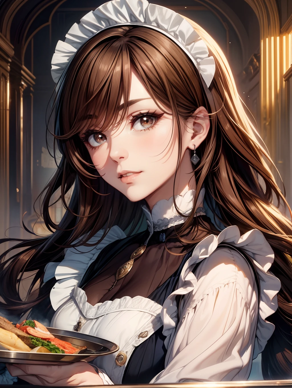 Best Quality, masutepiece, beautiful mature women、Beautiful face、Strong-minded woman、brown haired、(Brown-eyed)、Longhaire、Undersized eyes、(((Edwardian maid)))、Carrying a meal in a silver tray