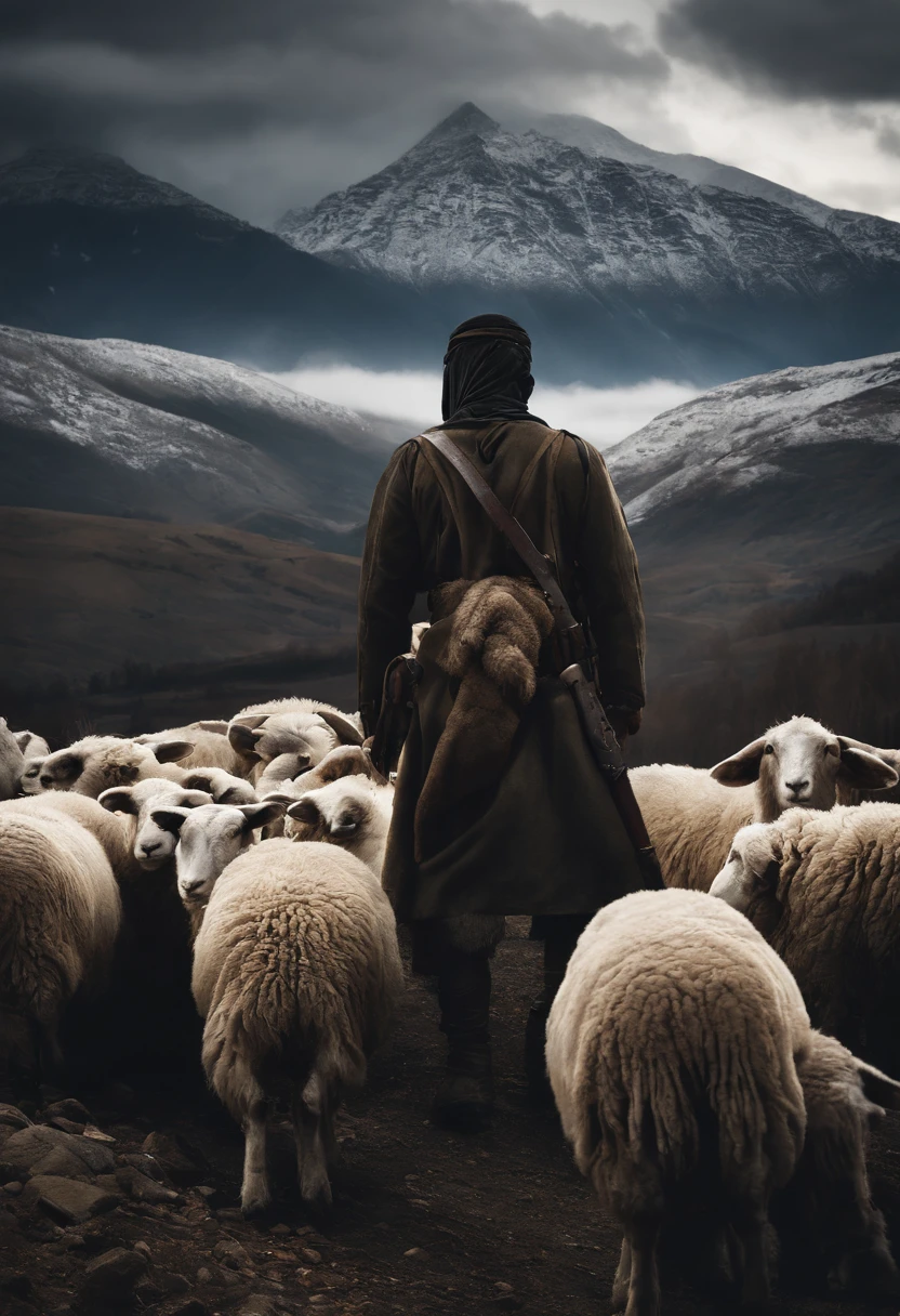 highres:1.2,realistic)Chechen man,covered face, Shepherd, sheep, mountain, dark atmosphere,dramatic lighting,rough texture,ominous sky,militant,fierce expression,shadowy figures,camouflage clothing,piercing eyes,tense atmosphere,mysterious,decorative headgear,gritty details,harsh environment,remote location,minimalistic background,strong contrast,strong shadows,warrior,hidden identity,loneliness,survival instincts,impending danger,exotic landscape,untamed wilderness,controlled aggression,determined stance,seriousness,rough terrain,stealth,unyielding spirit,unpredict((masterpiece:1.4,best quality)), cloud, outdoors (mountains), spring glade, scenery, sky, winter, (early morning:1.4),morning red, high detail, abundant, 8k, high detail, wallpaper,