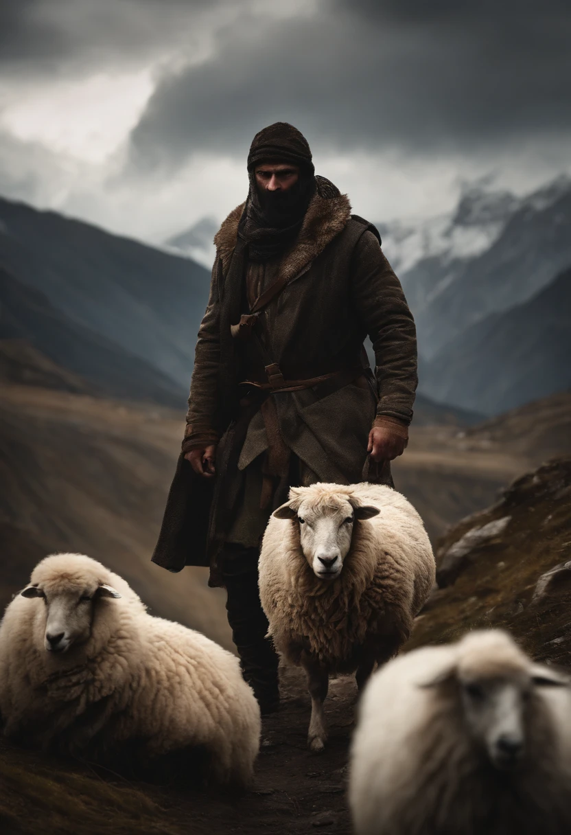 highres:1.2,realistic)Chechen man,covered face, Shepherd, sheep, mountain, dark atmosphere,dramatic lighting,rough texture,ominous sky,militant,fierce expression,shadowy figures,camouflage clothing,piercing eyes,tense atmosphere,mysterious,decorative headgear,gritty details,harsh environment,remote location,minimalistic background,strong contrast,strong shadows,warrior,hidden identity,loneliness,survival instincts,impending danger,exotic landscape,untamed wilderness,controlled aggression,determined stance,seriousness,rough terrain,stealth,unyielding spirit,unpredict((masterpiece:1.4,best quality)), cloud, outdoors (mountains), spring glade, scenery, sky, winter, (early morning:1.4),morning red, high detail, abundant, 8k, high detail, wallpaper,