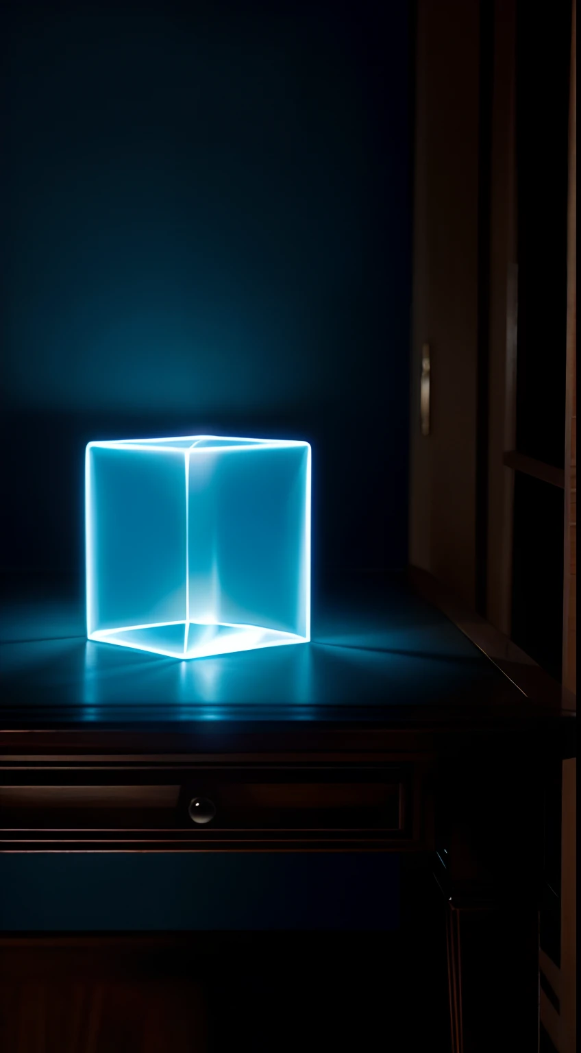 A photograph photorealistic realism, a very small glowing blue cube on a desk in a dark haunted horror mansion, wide shot