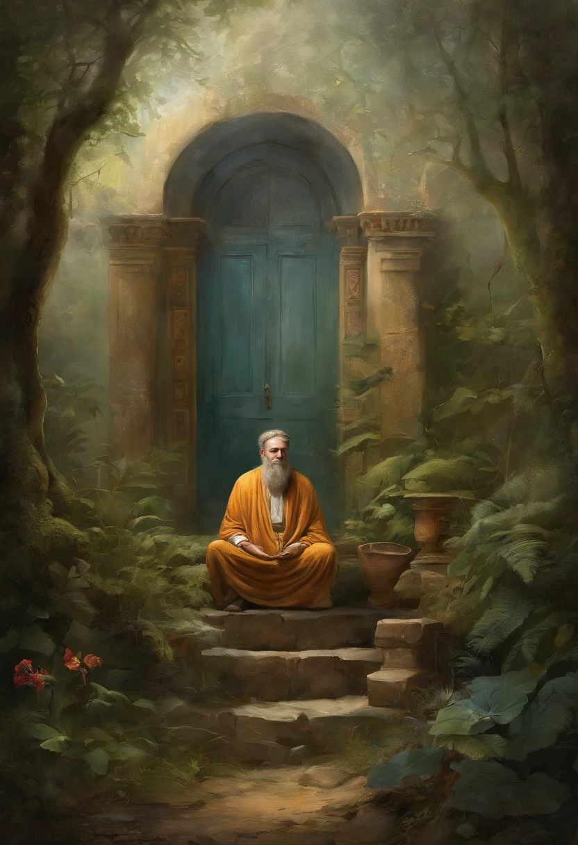reifer Mann, Sitzen in einer Meditationsposition, In front of a beautiful Orisonte, Wenn die Sonne untergeht, in connection with the Divine, portait photo, Regie:: Drew Tucker, Regie:: Adam Marczyński, Regie:: Alexander Kutscharski, Regie:: Gavin Nolan, 8K Surrealismus, Regie:: Jason Felix, Yuri Shwedoff und Tom Bagshaw, Illustrative Kunst, Estilo Erik Johansson