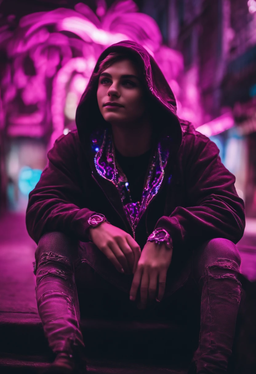 detailed background, masterpiece, best quality, smile, ornament, hood, portrait, neon pink, graffiti, dark, night, bright eyes, purple light