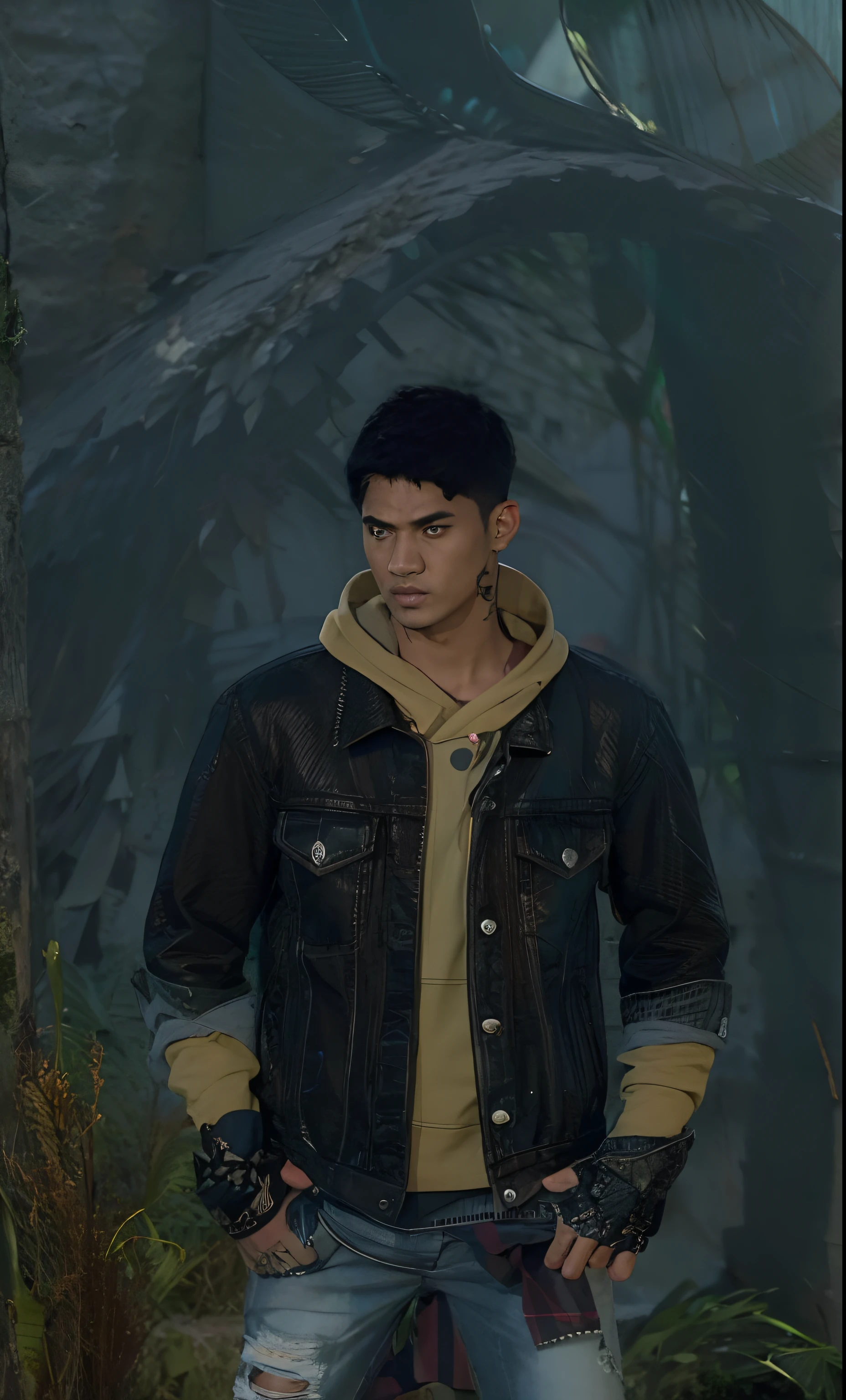 1man, realistic, wearing jeans jacket, indonesian, yellow eyes, short haircut, neck tattoo,