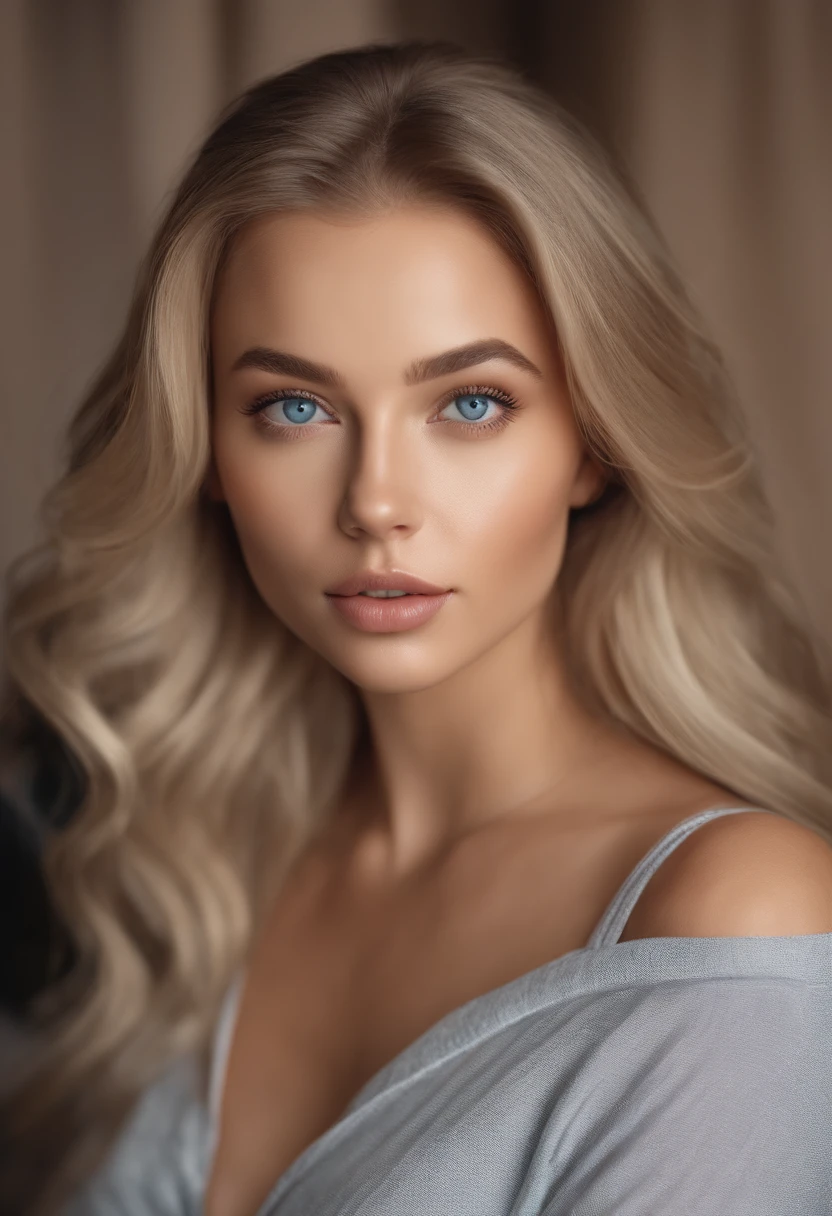 arafed woman fully , sexy girl with blue eyes, ultra realistic, meticulously detailed, portrait sophie mudd, blonde hair and large eyes, selfie of a young woman, bedroom eyes, violet myers, without makeup, natural makeup, looking directly at the camera, face with artgram, subtle makeup, stunning full body shot kneeling on bed, in bedroom, medium to large size bust
