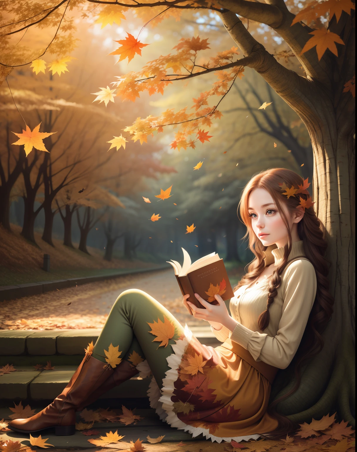 Fairytale autumn forest，Beautiful autumn leaves、leaves falling🍂🍂，There is a squirrel sitting and reading a book，