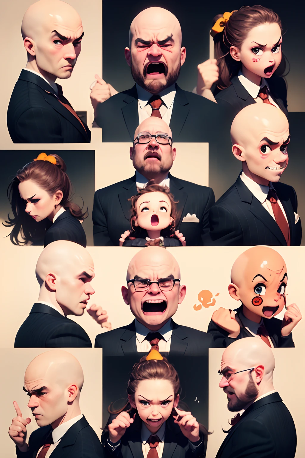 (Office boss, anime style character, Emoji pack), (fat bald man, wearing suit:1.3)，(emoji design sheet)，Align arrangement, poses and expressions, (upper body),（Black strokes, Different emotions, various facial expressions), (multiple expressions of the same character:1.6)，(masterpiece, best quality, highly detailed, high-resolution illustration:1.2), (sad, happy, having fun, exhausted, big laugh, Angry, doubt, cute, wait, hurry）