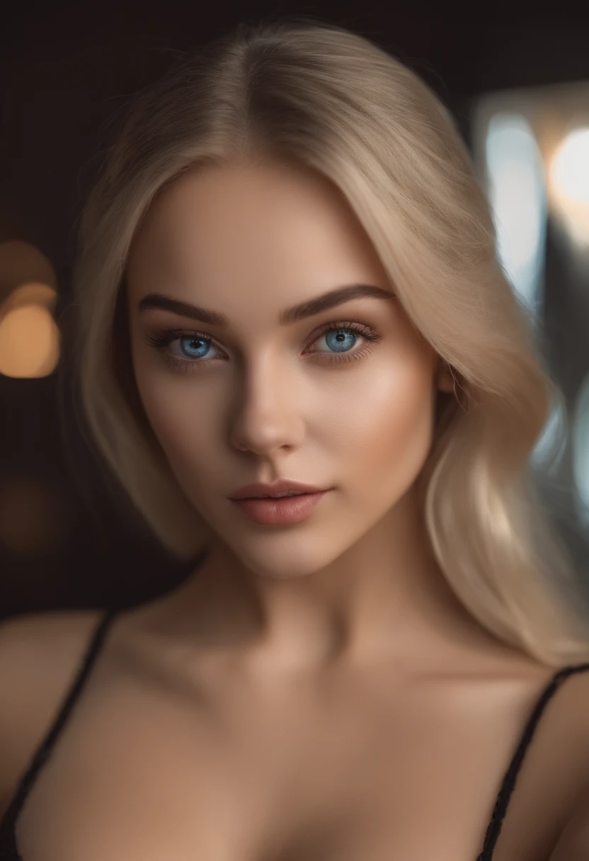 arafed woman fully , big ,  with blue eyes, ultra realistic, meticulously detailed, portrait sophie mudd, blonde hair and large eyes, selfie of a young woman, bedroom eyes, violet myers, without makeup, natural makeup, looking directly at the camera, face with artgram, subtle makeup, stunning full body in nightclub, in nightclub, medium to large size bust; ; ;