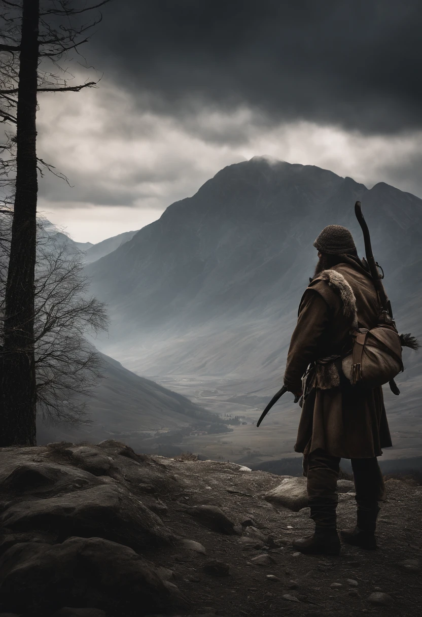 highres:1.2,realistic)Chechen man,covered face, Shepherd, sheep, mountain, dark atmosphere,dramatic lighting,rough texture,ominous sky,militant,fierce expression,shadowy figures,camouflage clothing,piercing eyes,tense atmosphere,mysterious,decorative headgear,gritty details,harsh environment,remote location,minimalistic background,strong contrast,strong shadows,warrior,hidden identity,loneliness,survival instincts,impending danger,exotic landscape,untamed wilderness,controlled aggression,determined stance,seriousness,rough terrain,stealth,unyielding spirit,unpredict((masterpiece:1.4,best quality)), cloud, outdoors (mountains), spring glade, scenery, sky, winter, (early morning:1.4),morning red, high detail, abundant, 8k, high detail, wallpaper,