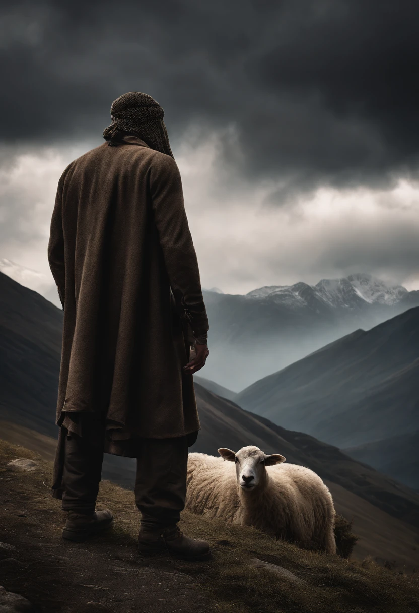 highres:1.2,realistic)Chechen man,covered face, Shepherd, sheep, mountain, dark atmosphere,dramatic lighting,rough texture,ominous sky,militant,fierce expression,shadowy figures,camouflage clothing,piercing eyes,tense atmosphere,mysterious,decorative headgear,gritty details,harsh environment,remote location,minimalistic background,strong contrast,strong shadows,warrior,hidden identity,loneliness,survival instincts,impending danger,exotic landscape,untamed wilderness,controlled aggression,determined stance,seriousness,rough terrain,stealth,unyielding spirit,unpredict((masterpiece:1.4,best quality)), cloud, outdoors (mountains), spring glade, scenery, sky, winter, (early morning:1.4),morning red, high detail, abundant, 8k, high detail, wallpaper,