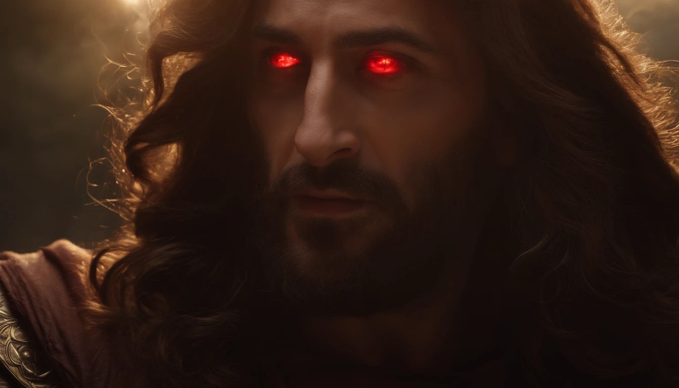 (best quality,4k,8k,Altas,master part:1.2),ultra-detalhado,(Realistic,fotorrealista,photo-realistic:1.37),Jesus Christ defeating Satan,traditional oil painting,Satan portrayed as a powerful and menacing figure with red eyes and horns,detalhes do rosto de Jesus com olhos bondosos e compassivos,lindamente fluindo cabelos dourados,vestes de cores vibrantes,glorious halo around the head of Jesus,Dramatic lighting emphasizing the victory of good over evil,Majestic background showing a celestial landscape with rays of divine light piercing through the clouds,symbolic elements depicting the struggle between darkness and light,Surrounding angels with outstretched wings and serene expressions.