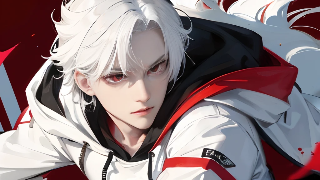 man, white hair, red eyes, hoodie