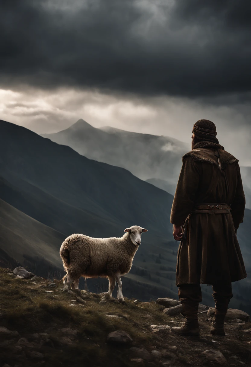 highres:1.2,realistic)Chechen man,covered face, Shepherd, sheep, mountain, dark atmosphere,dramatic lighting,rough texture,ominous sky,militant,fierce expression,shadowy figures,camouflage clothing,piercing eyes,tense atmosphere,mysterious,decorative headgear,gritty details,harsh environment,remote location,minimalistic background,strong contrast,strong shadows,warrior,hidden identity,loneliness,survival instincts,impending danger,exotic landscape,untamed wilderness,controlled aggression,determined stance,seriousness,rough terrain,stealth,unyielding spirit,unpredict((masterpiece:1.4,best quality)), cloud, outdoors (mountains), spring glade, scenery, sky, winter, (early morning:1.4),morning red, high detail, abundant, 8k, high detail, wallpaper,