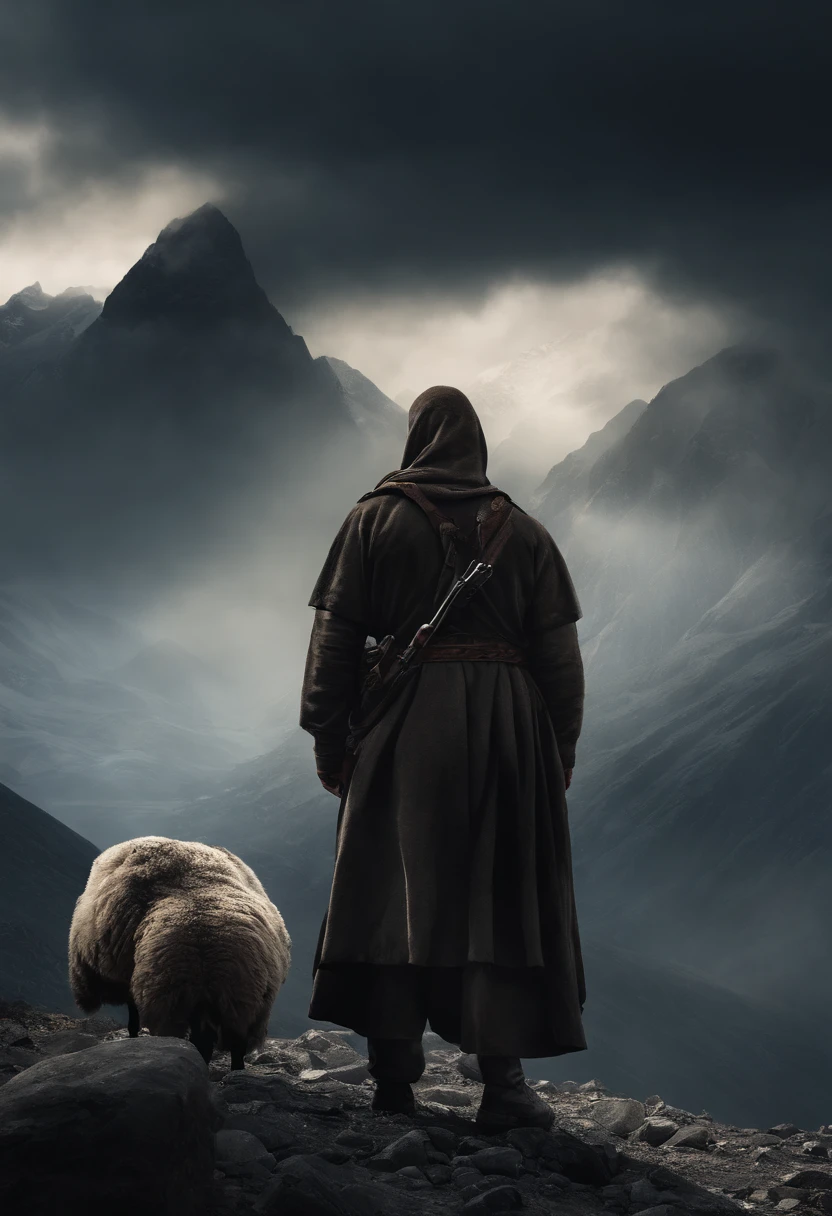 highres:1.2,realistic)Chechen man,covered face, Shepherd, sheep, mountain, dark atmosphere,dramatic lighting,rough texture,ominous sky,militant,fierce expression,shadowy figures,camouflage clothing,piercing eyes,tense atmosphere,mysterious,decorative headgear,gritty details,harsh environment,remote location,minimalistic background,strong contrast,strong shadows,warrior,hidden identity,loneliness,survival instincts,impending danger,exotic landscape,untamed wilderness,controlled aggression,determined stance,seriousness,rough terrain,stealth,unyielding spirit,unpredict((masterpiece:1.4,best quality)), cloud, outdoors (mountains), spring glade, scenery, sky, winter, (early morning:1.4),morning red, high detail, abundant, 8k, high detail, wallpaper,