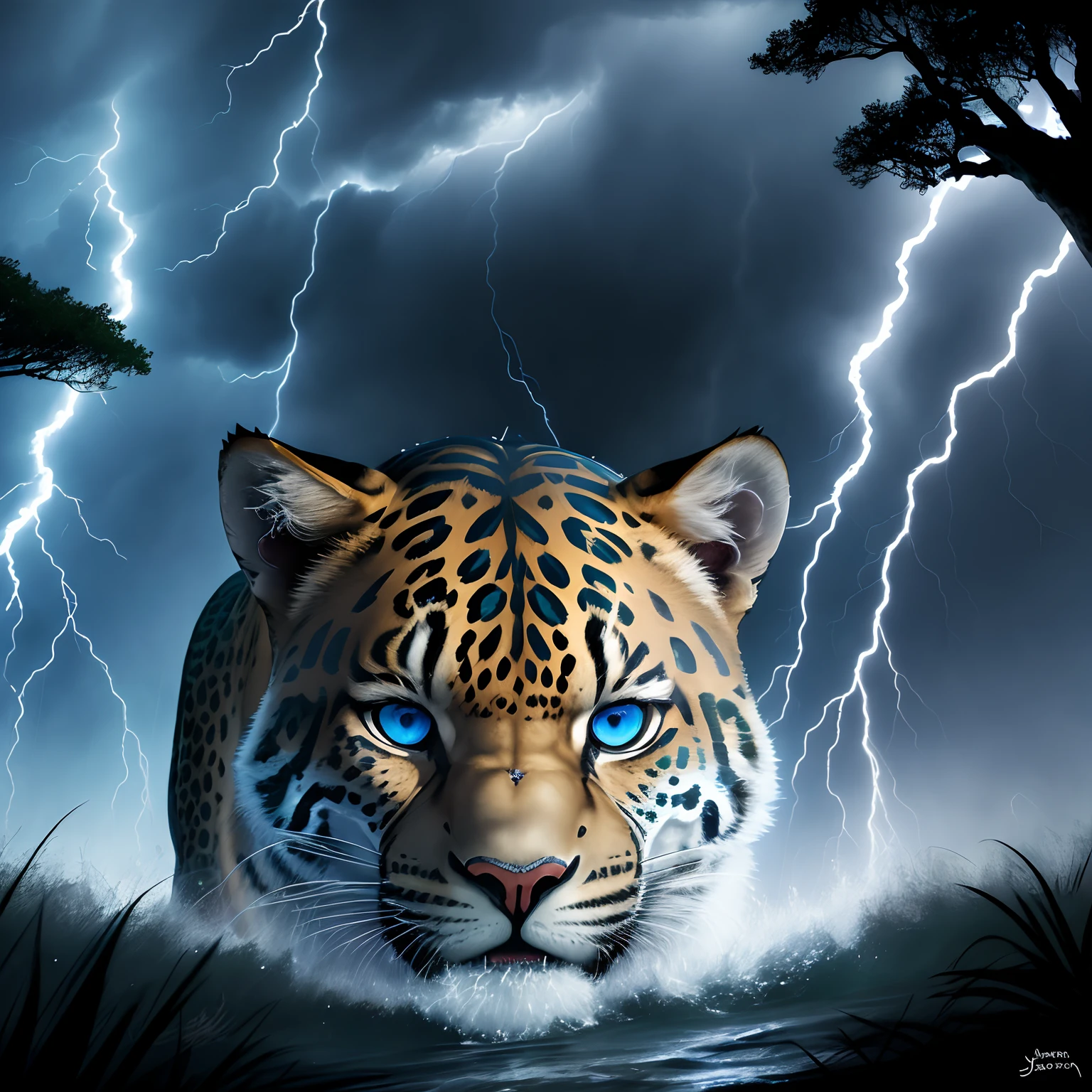 Photo of Jacksonville Jaguars jaguar with blue eyes in a storm with lightning and rain roaring in a forest at night