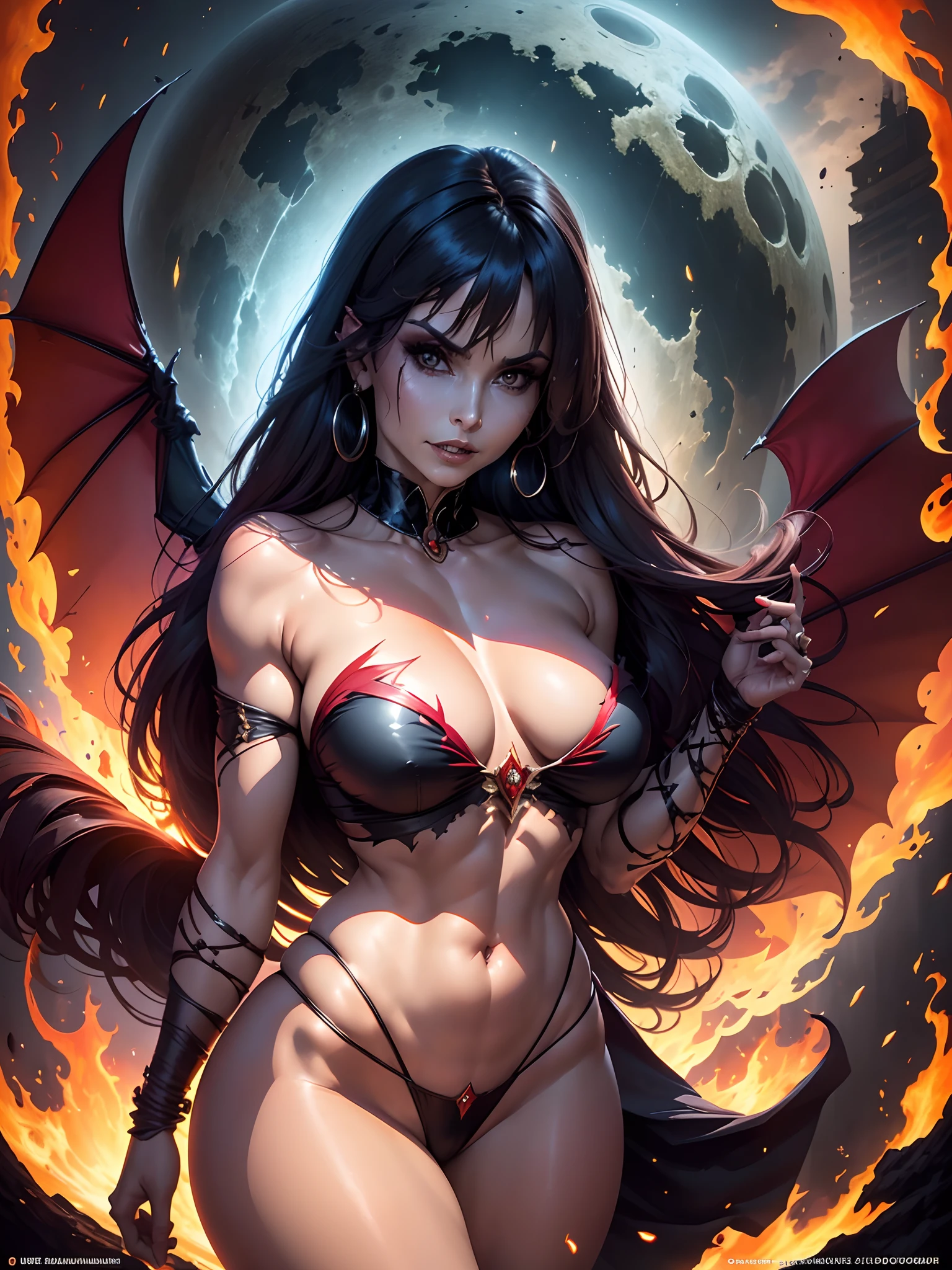 In New York, Time Square, Vampirella is a fictional vampire superhero created by Americans Forrest J Ackerman and Trina Robbins, in the horror comic book Vampirella #1,
Vampirella hailing from the planet Drakulon, a world where blood flowed like water and where the natives, called Vampiri, shared traditionally vampiric characteristics. begins when an American space shuttle crashes into Drakulon. she travels to Earth where she begins hunting dark remnants of her own race. Earth's vampires originate from Dracula, a forgotten member of the Vampiri race who left his home world centuries ago only to be corrupted by the demonic entity known as Chaos.
In New York, (Athletic body: 1.4), (Hanging breasts: 1.3), (Full breasts: 1.4), (Realism: 1.5), (Realisitc: 1.4), (Absurdity: 1.4), 8k, Ultra-detailed, Woman beautiful detailed, (only one: 1.4), 1girl, (Viewer facing: 1.2),