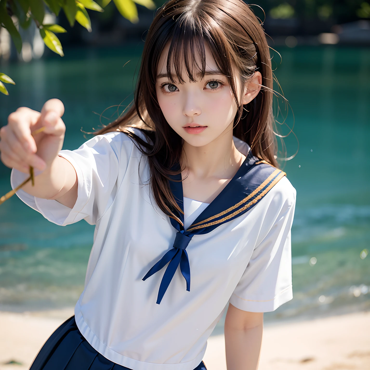 (masutepiece, Best Quality:1.2), 8K, Official art, Raw photo, Full Bord Bill Four、The front of the uniform is vacant、I see underwear、Beautiful breasts are skinny、years、small tits、unbelievable Ridiculous, (Upper body, 校服、a sailor suit:1.4), Beautiful Girl, Pretty Face, arching back down,、Gold hair ornament on hair、close up, Sailor Suit, Short sleeve, violaceaess, Teen, Looking at Viewer, Film grain, chromatic abberation, Sharp Focus, face lights, Dynamic lighting, Cinematic lighting, Eyes and faces with detailed, Bokeh background,