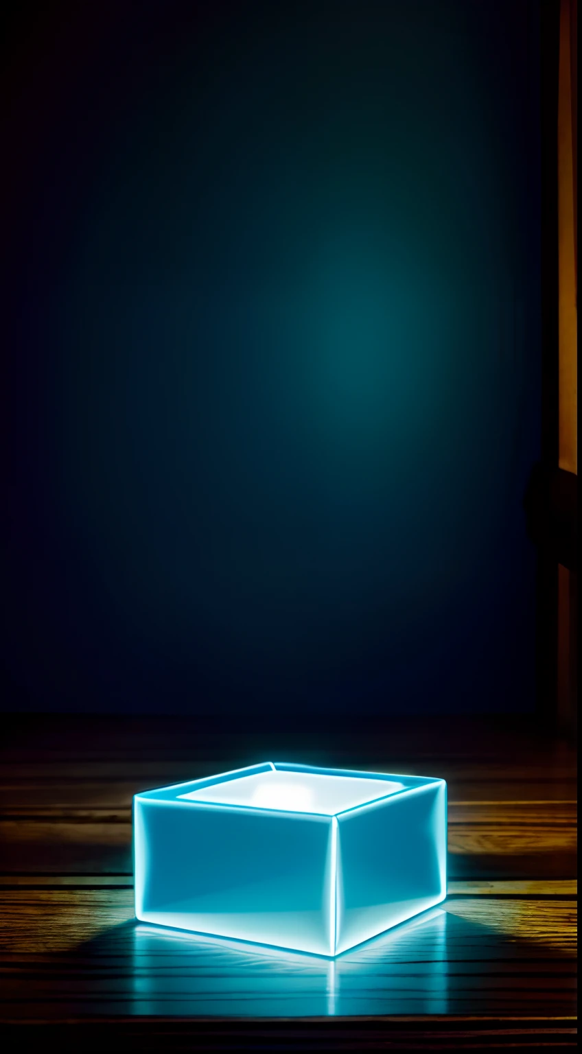 A photograph photorealistic realism, wide shot, a tiny glowing blue square, chip, perfect square, on a desk in a room in a dark mansion