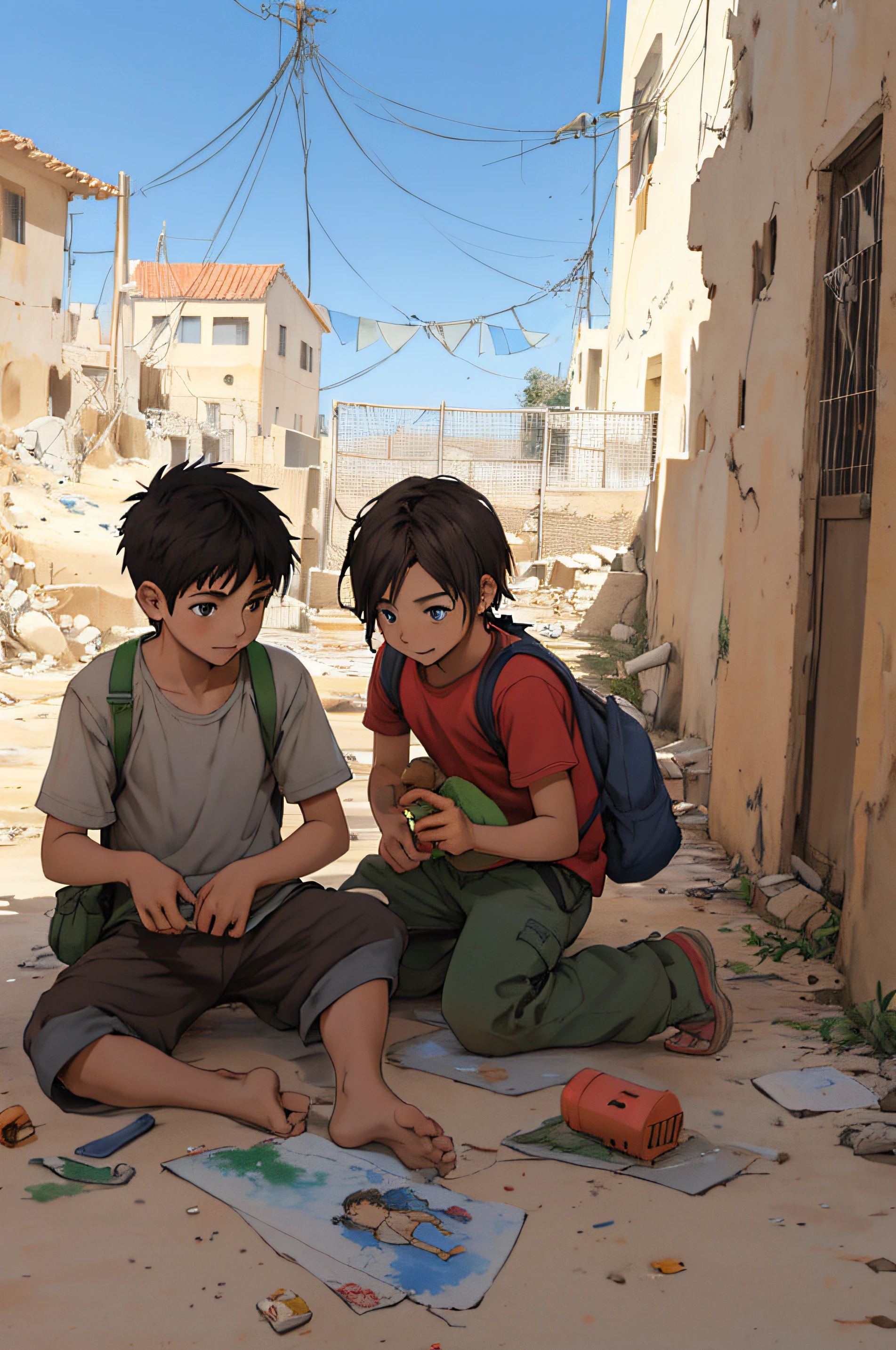 Desenhe dois jovens brincando na divisa de gaza com israel em desenho aquarelado