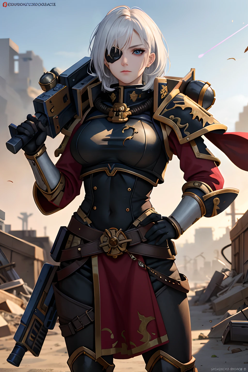 masterpiece:1.2), (best quality:1.2), perfect eyes, perfect face, perfect lighting, 1girl, mature Sororitas with a laser rifle in her hands, scar over one eye, red tabard, white hair, Warhammer 40k, chaos, fire, sci-fi, detailed ruined city background, heavy power armor, short hair, torn dirty cloak, eyepatch