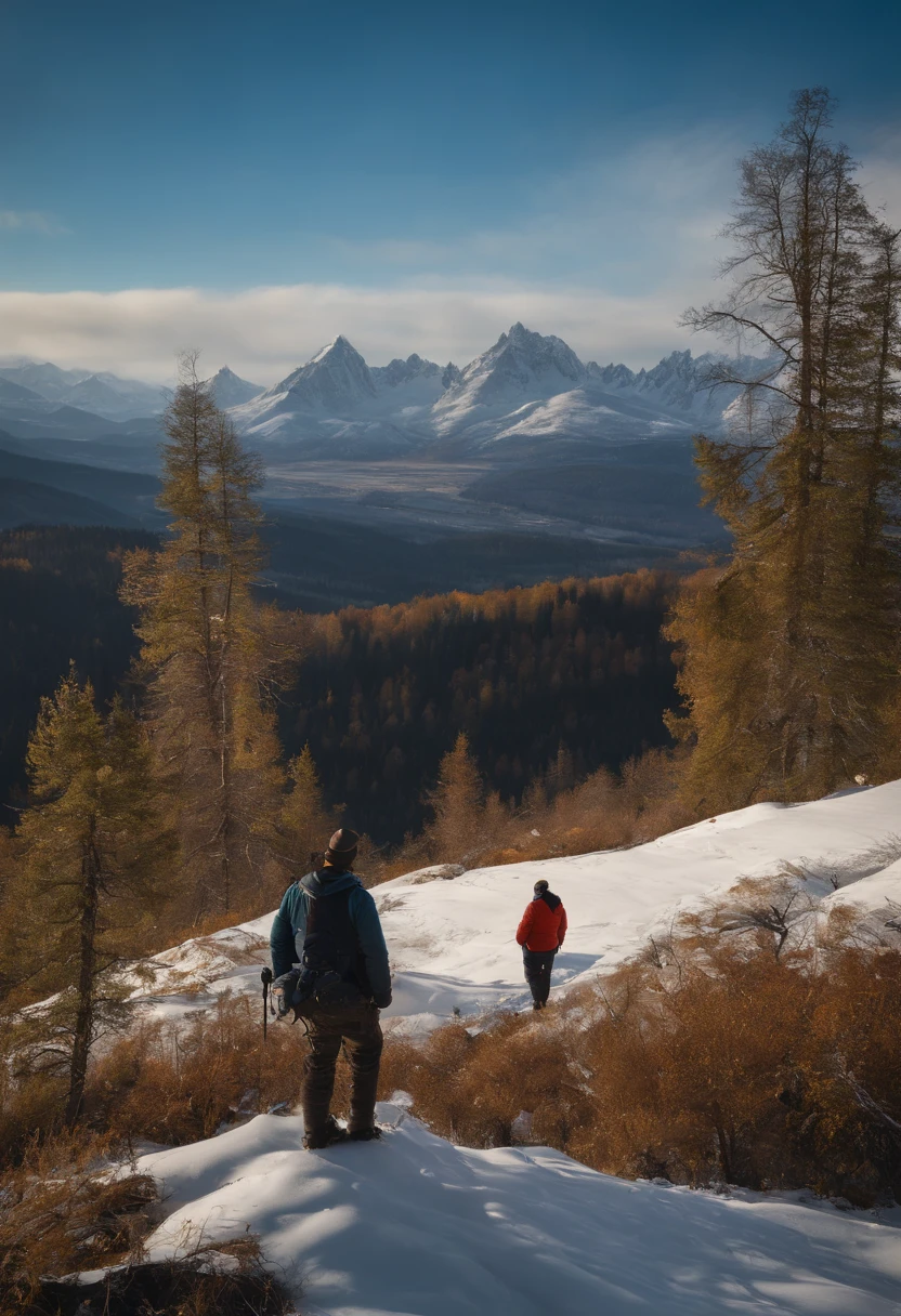 there are two people standing on a hill, in mountains, hunting, in the mountains, looking at the mountains, high in the mountains, on the mountain, high in mountains, against the backdrop of trees, adim kashin, standing on mountain, exclusive, on a mountain, siberia!!, far shot, by Alexander Runciman, top shot