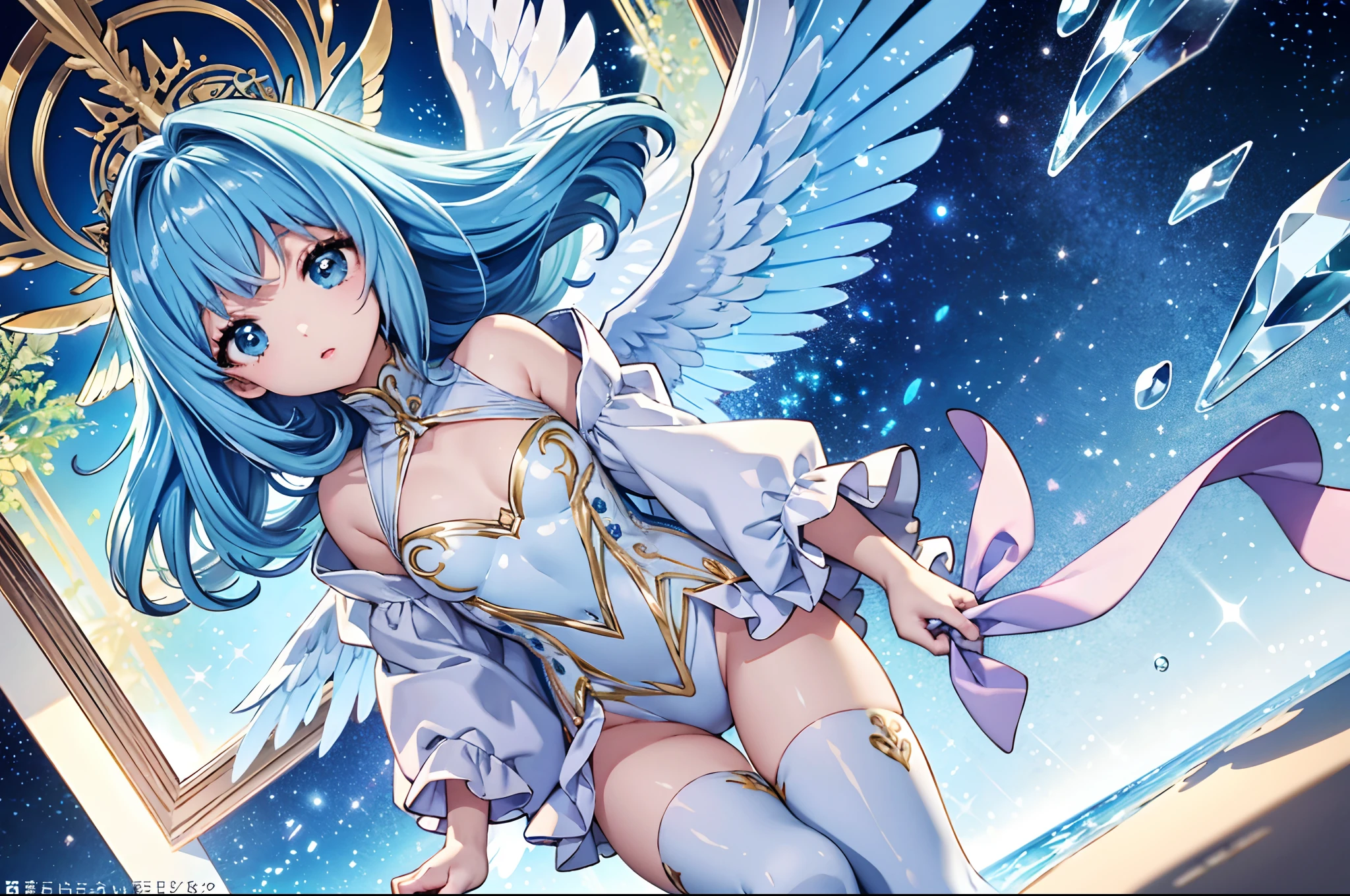 Rainbow wings of angels shining in seven colors、Kawaii Girl、Long blue hair、Twin-tailed、Colorful Angel Leotard、Crystal Brilliant, ((top-quality))、((​masterpiece))、(ighly detailed、highestdetailed、Official art、Beautifully Aesthetic:1.2)