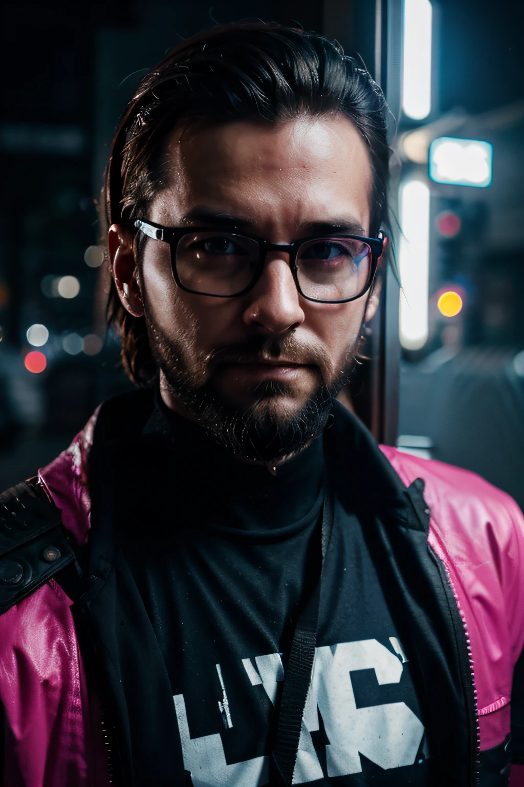 30 year old man with beard and glasses , Cyberpunk, efeitos de luzes neon, Don't change your face too much, 8k ultra realista