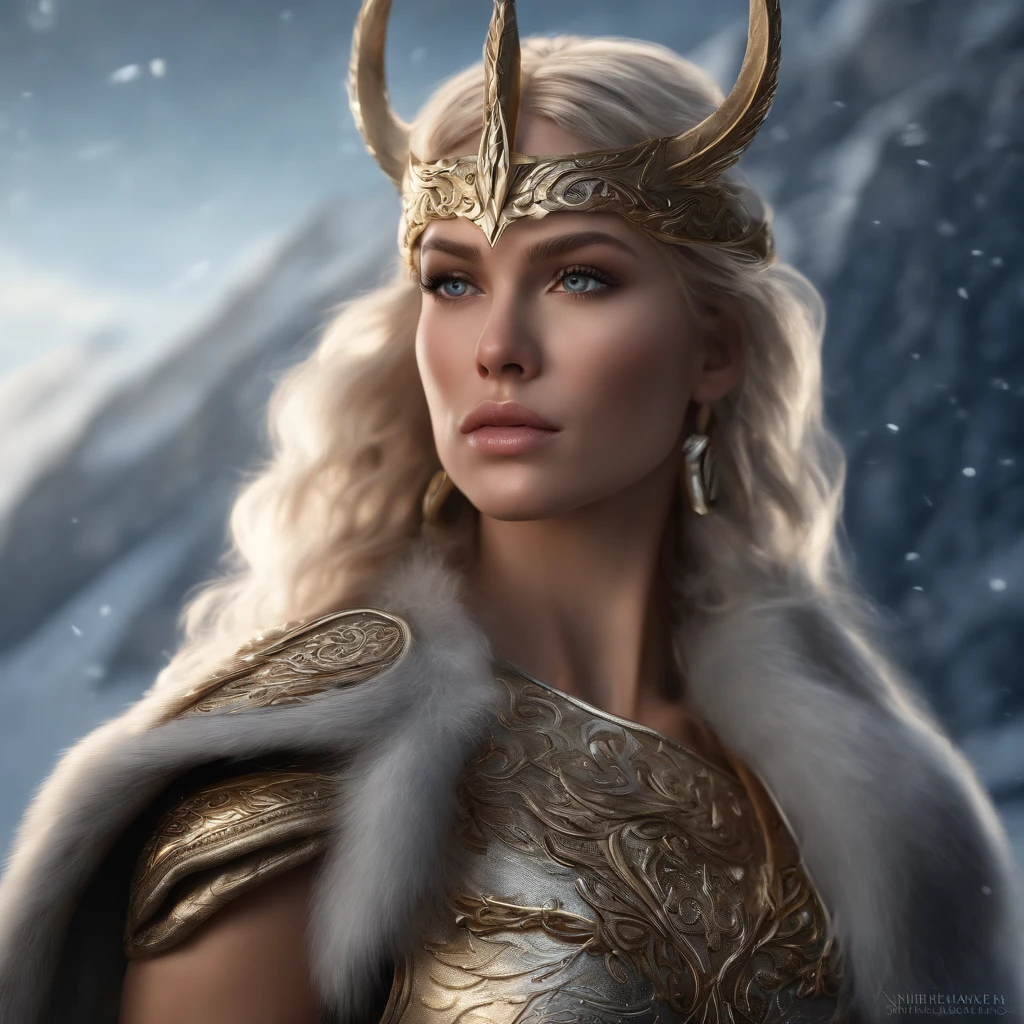 (best quality,4k,8k,highres,masterpiece:1.2),ultra-detailed,(realistic,photorealistic,photo-realistic:1.37),Nordic warrior Goddess,beautiful detailed eyes,beautiful detailed lips,extremely detailed eyes and face,long eyelashes,medium:oil painting,blonde hair,kneeling pose,fierce blue eyes,full nude body,strong muscular build,elven-like features,shimmering golden arm bands and anklets,horned Viking helmet,ornate leather armor with intricate patterns,engraved sword with glowing runes,standing on snowy mountain peak,dark stormy sky,elegant flowing cloaks made of white fur,faint ethereal glow surrounding her,aurora borealis in the background,soft diffused studio lighting,mystical color palette with shades of icy blue and silver,high contrast to emphasize her strength and beauty,striking composition to embody her warrior spirit