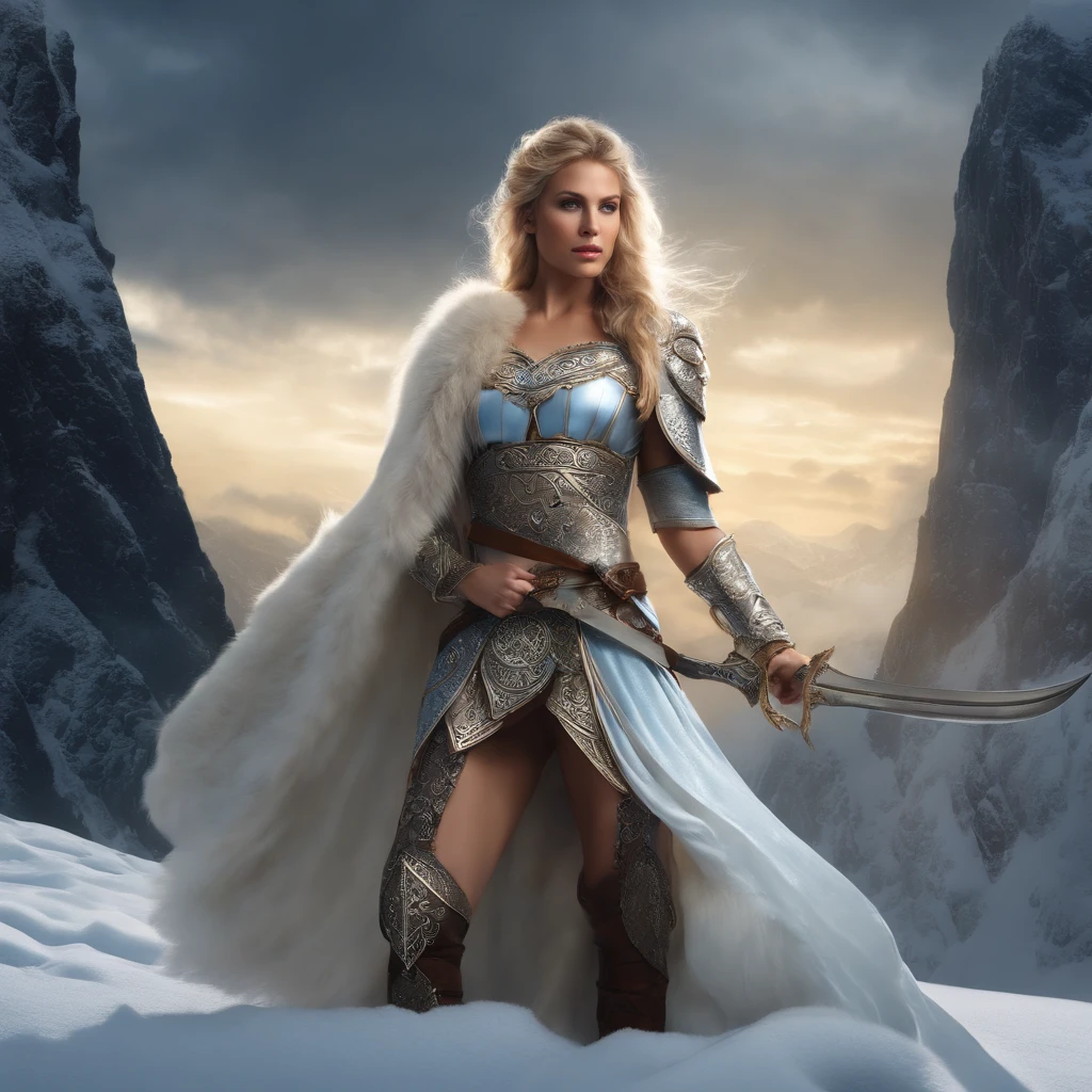 (best quality,4k,8k,highres,masterpiece:1.2),ultra-detailed,(realistic,photorealistic,photo-realistic:1.37),Nordic warrior Goddess,beautiful detailed eyes,beautiful detailed lips,extremely detailed eyes and face,long eyelashes,medium:oil painting,blonde hair,kneeling pose,fierce blue eyes,full nude body,strong muscular build,elven-like features,shimmering golden arm bands and anklets,horned Viking helmet,ornate leather armor with intricate patterns,engraved sword with glowing runes,standing on snowy mountain peak,dark stormy sky,elegant flowing cloaks made of white fur,faint ethereal glow surrounding her,aurora borealis in the background,soft diffused studio lighting,mystical color palette with shades of icy blue and silver,high contrast to emphasize her strength and beauty,striking composition to embody her warrior spirit
