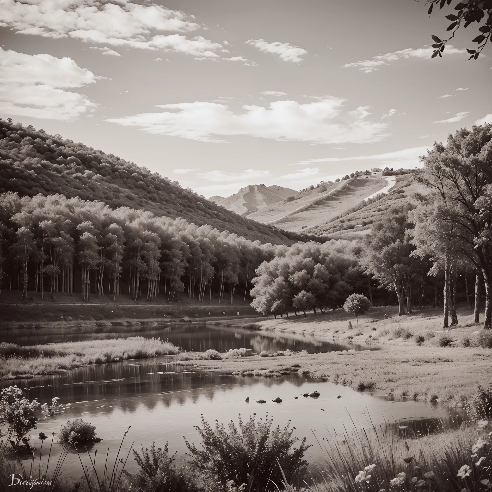 um desenho em preto e branco de uma paisagem rural medieval, paisagem altamente detalhada, paisagem detalhada, beautiful detailed illustration, intrincado detalhe de pintura a tinta, highly detailed ink illustration